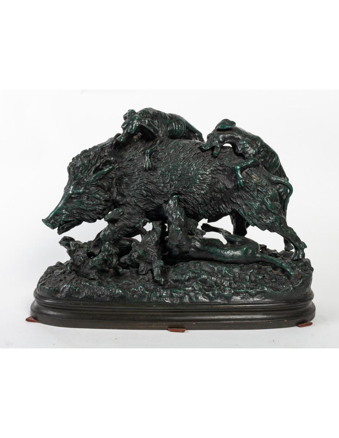 20th Century Bronze Sculpture , Hunting Dogs Assaulting the Wild Boar. For Sale