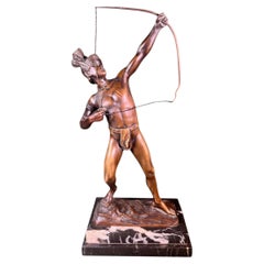 Bronze Sculpture Indian With Bow Signed O Hartel