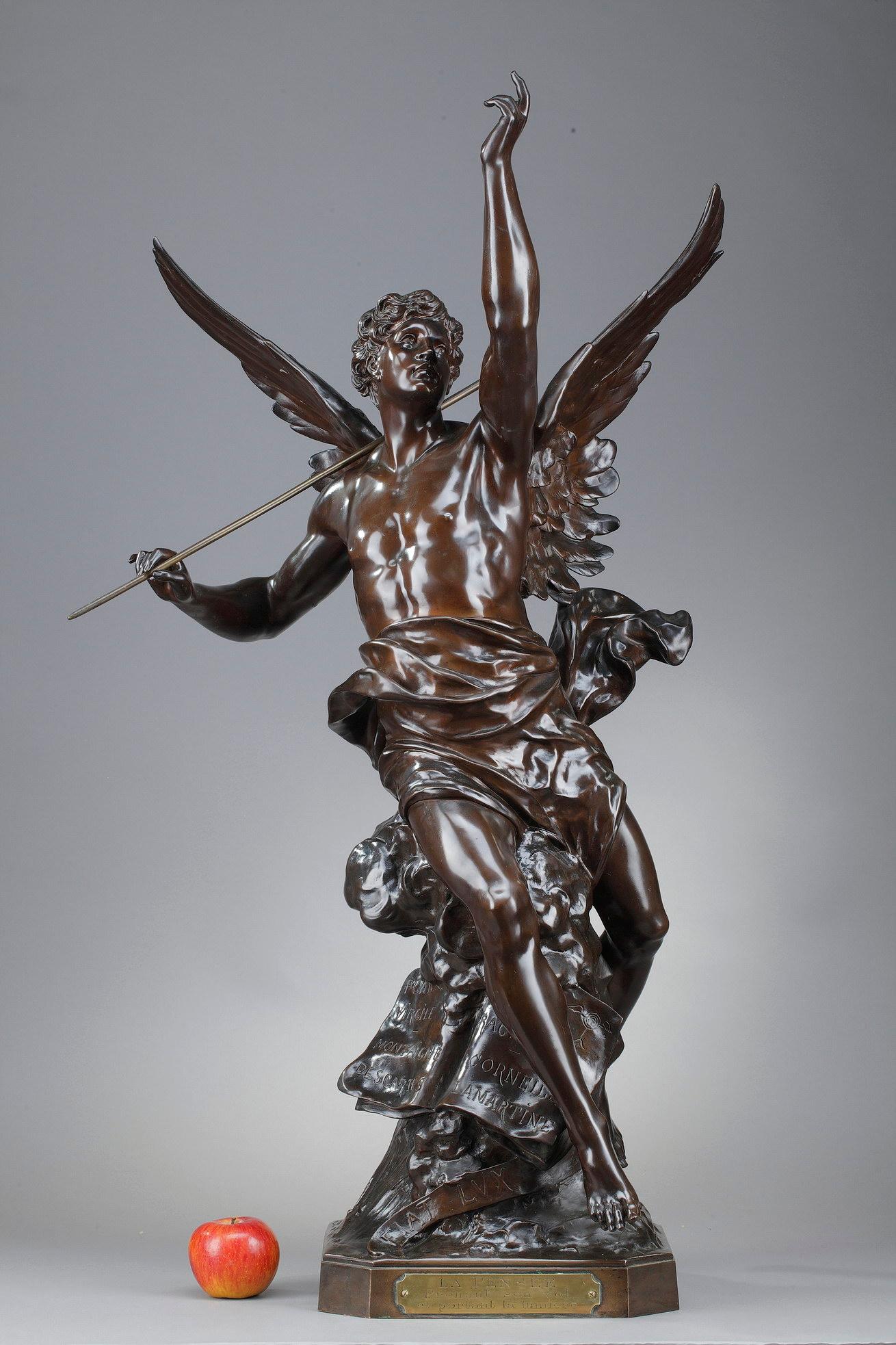 Imposing allegorical sculpture in bronze with brown shaded patina signed Emile-Louis Picault (1833-1915). It represents a winged man sitting on a cloud and raising his arm. At his feet, a book mentions the names of great philosophers and writers