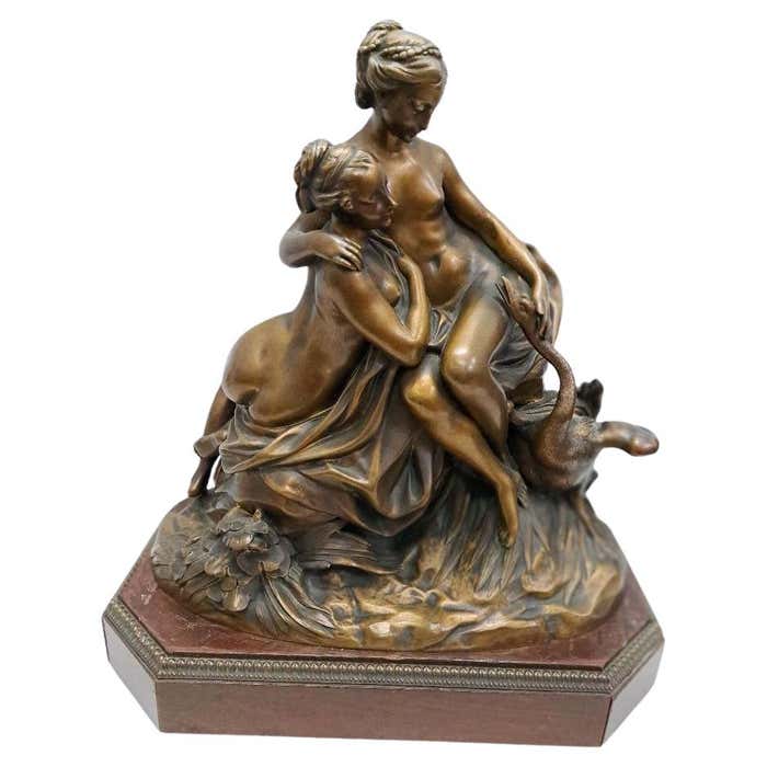 Bronze Sculpture "Leda and The Swan" Wood Base, Etienne Maurice ...