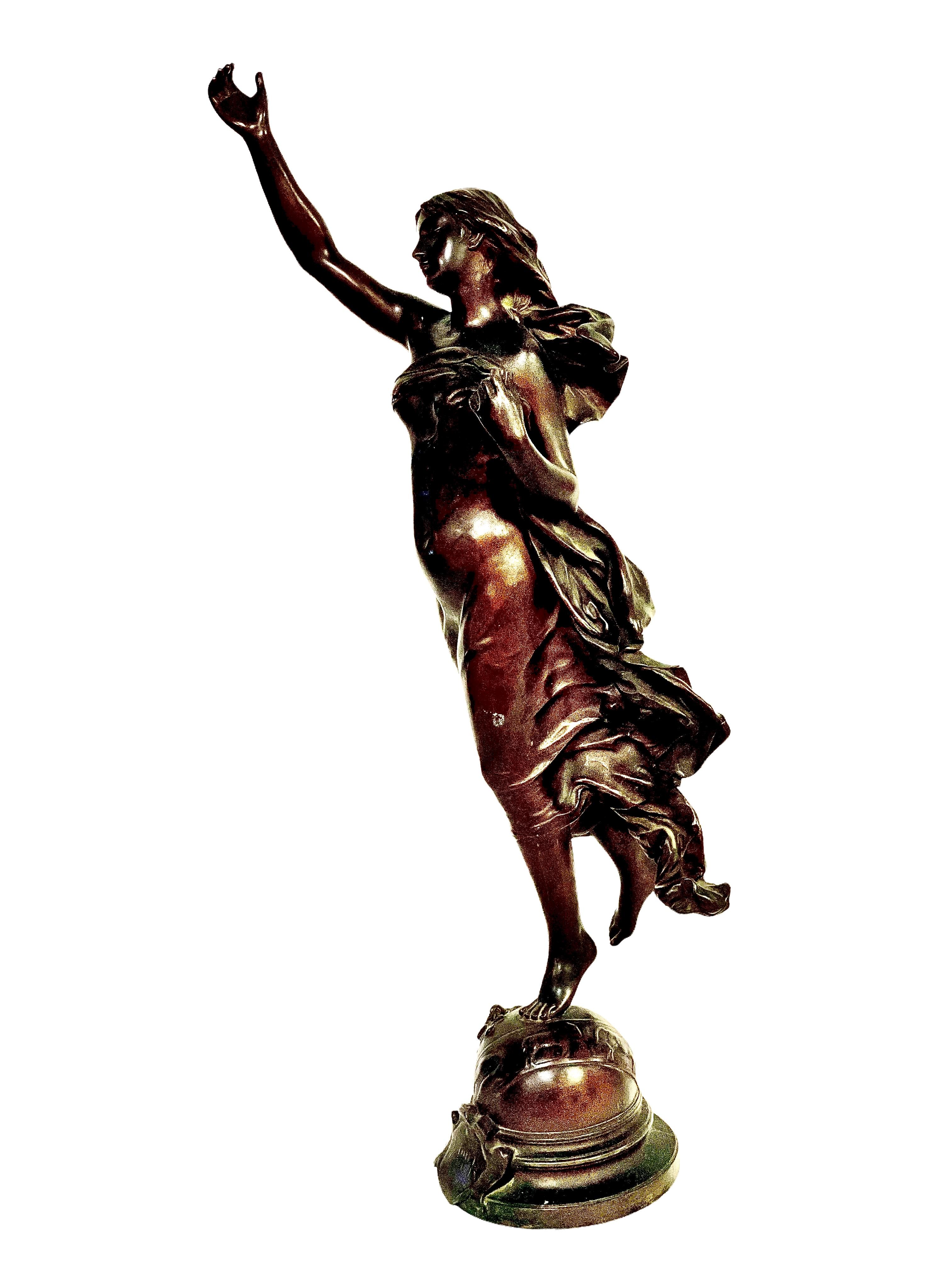 'L'Etoile du Matin', an Art Nouveau patinated bronze sculpture by renowned French sculptor Adrien Etienne Gaudez (1845 – 1902). This evocative piece depicts a mythological lady in flowing robes holding aloft a star (now sadly missing), with one foot