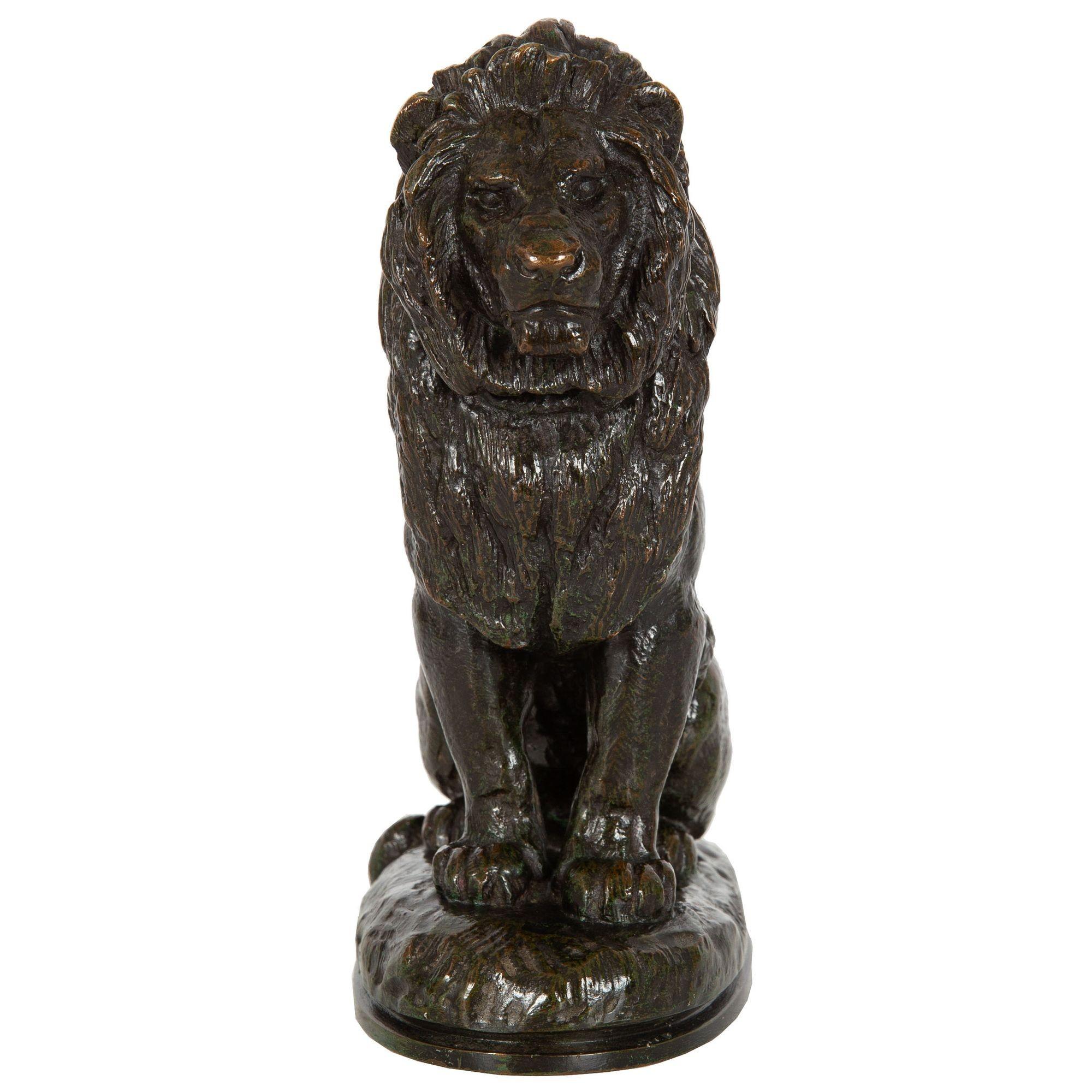 Romantic Bronze Sculpture “Lion Assis No. 2”, Antoine Louis Barye, circa 1880 For Sale