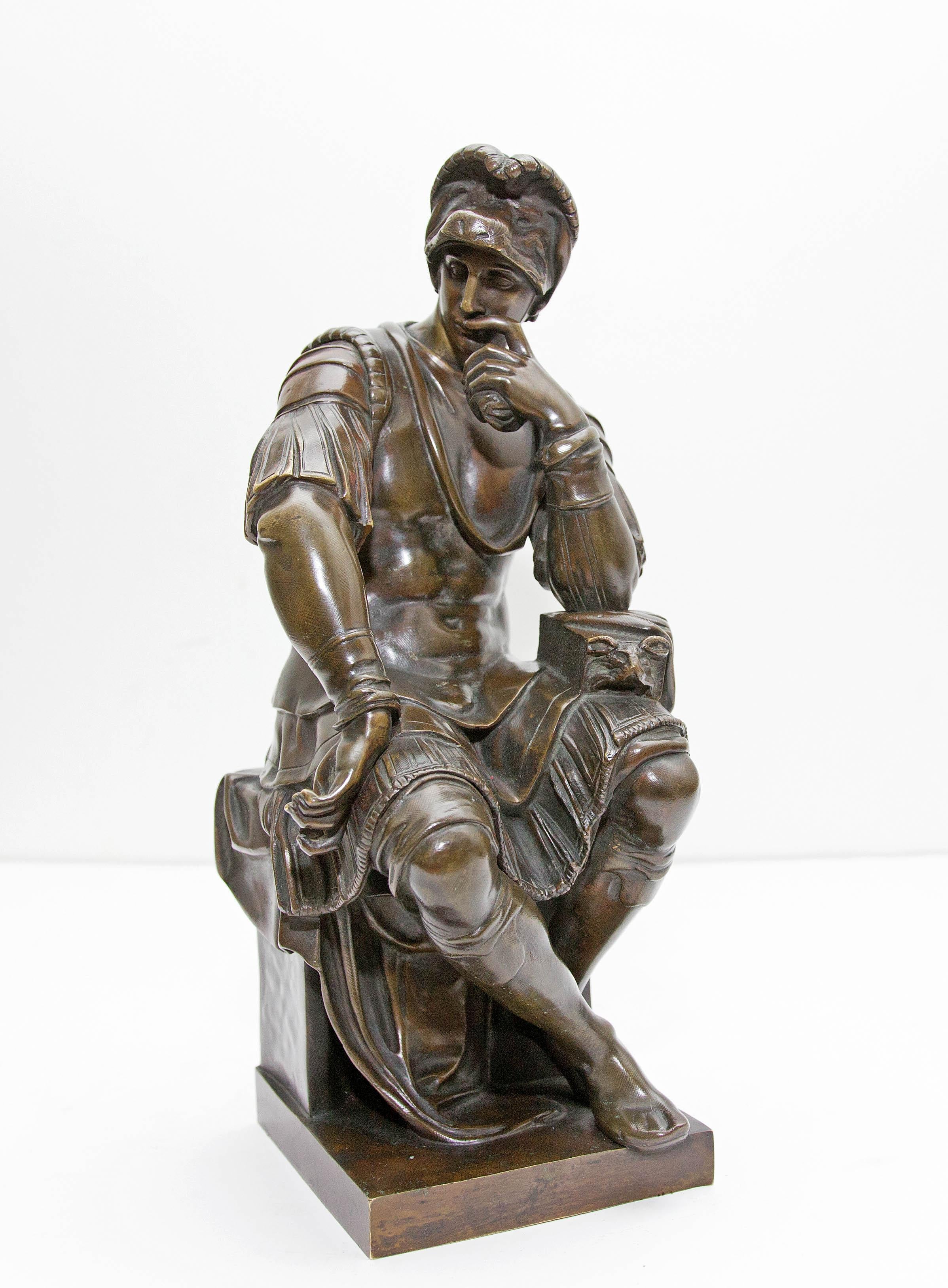 Bronze sculpture of Lorenzo de Medici after Michelangelo. Great quality with rich patina.