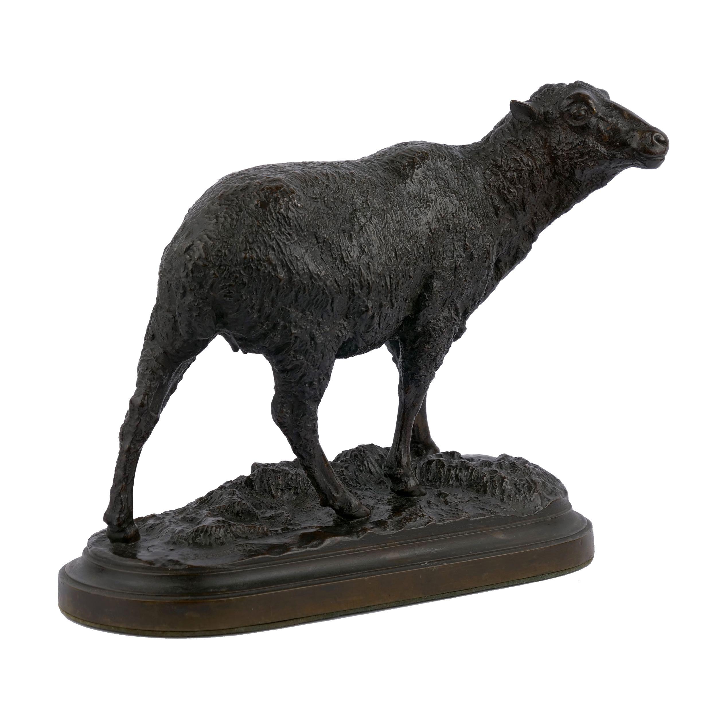 This exquisite casting of Merino Ewe was cast, circa 1870 by the Peyrol Foundry, the tiny foundry cachet cold-stamped to the reverse. We handled Isidore Bonheur's variation on this model, a combined grouping of Merino Ram and Ewe Both sheep that