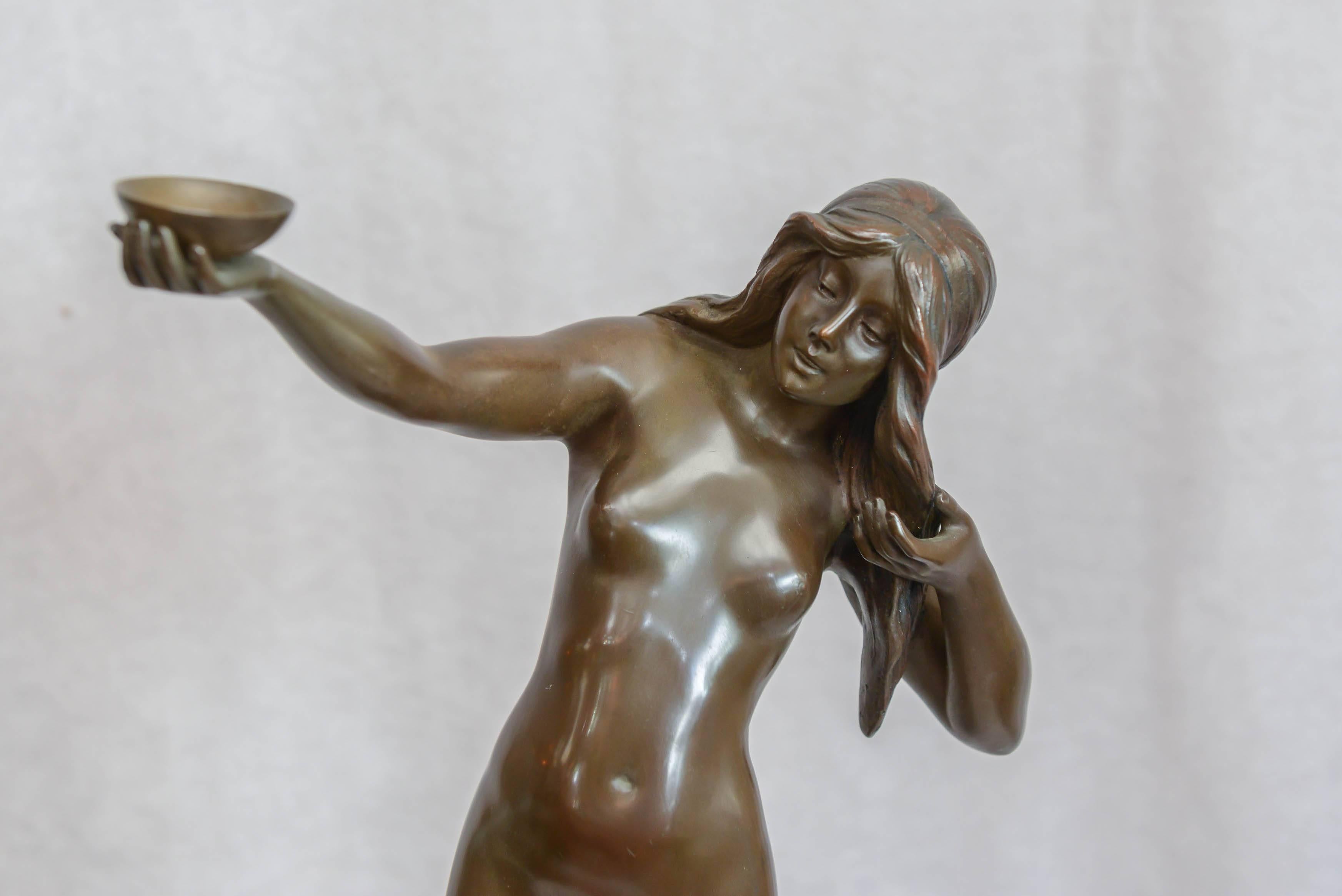 Art Nouveau Bronze Sculpture of a Beautiful Nude Girl on a Marble Base