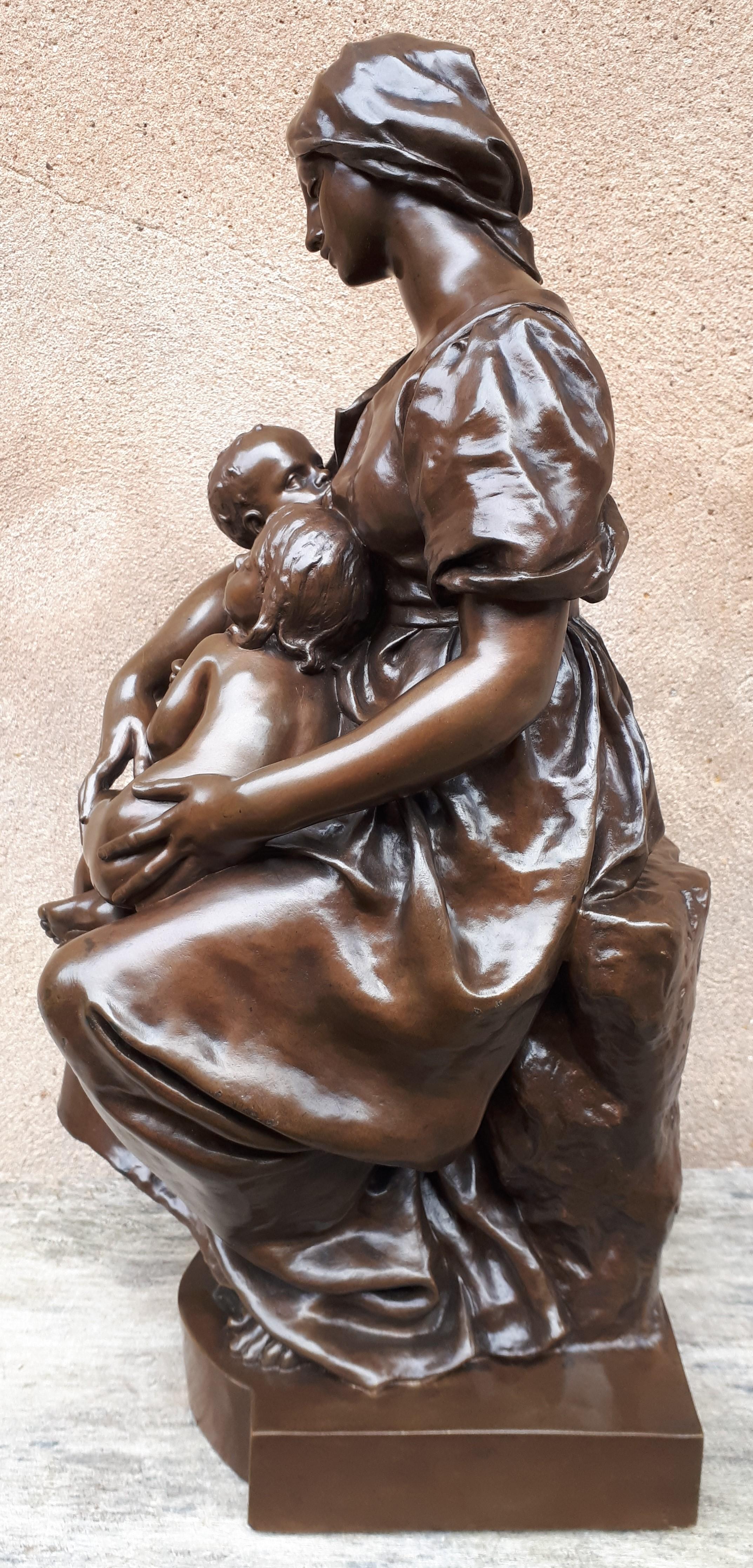 Patinated Bronze Sculpture Of A Breastfeeding Mother, By Paul Dubois For Sale