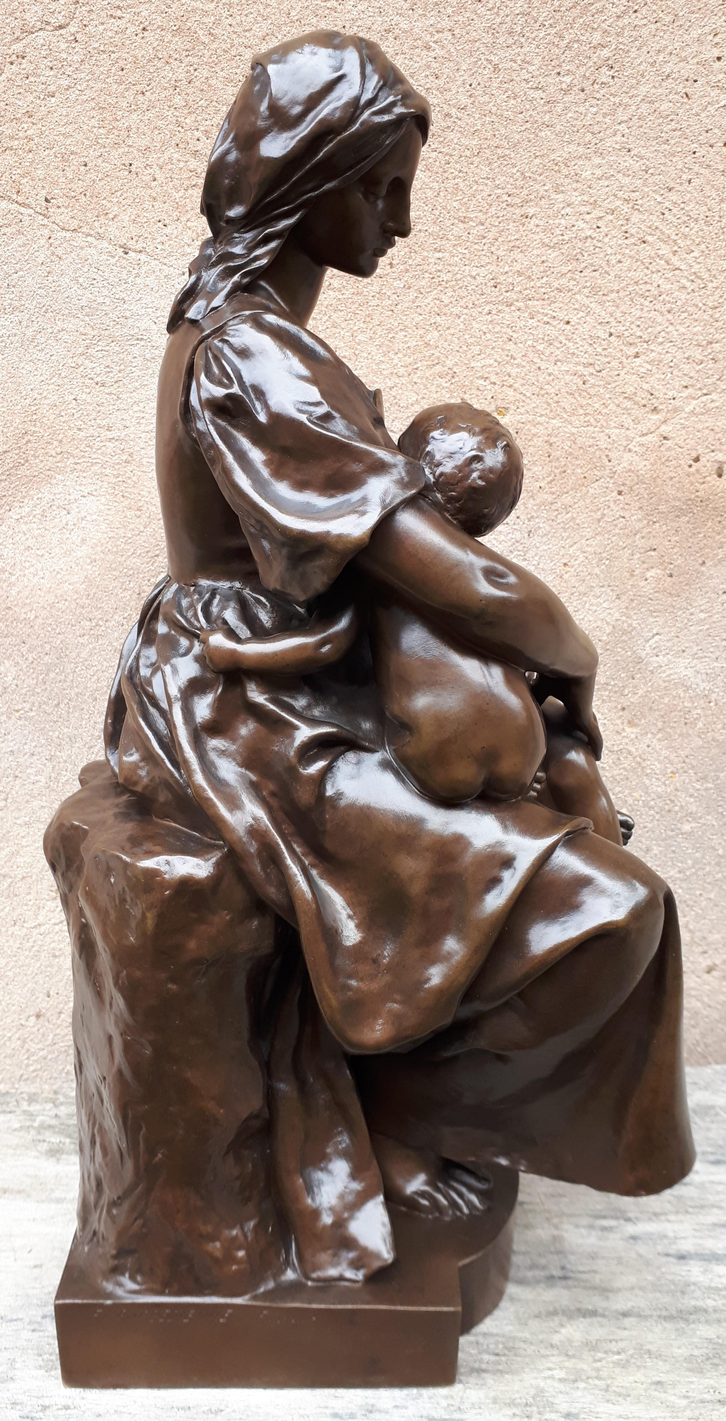 19th Century Bronze Sculpture Of A Breastfeeding Mother, By Paul Dubois For Sale