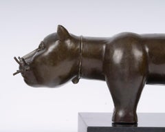 Bronze Sculpture of a Cat, Marble Base, 20th Century.