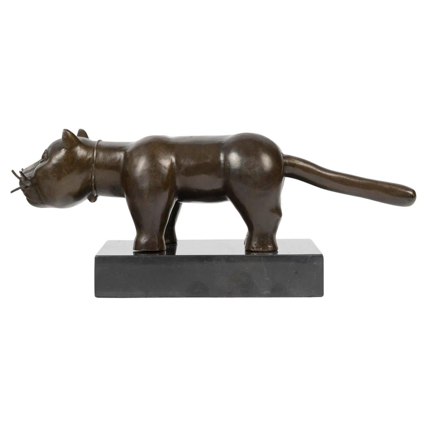 Bronze Sculpture of a Cat, Marble Base, 20th Century.