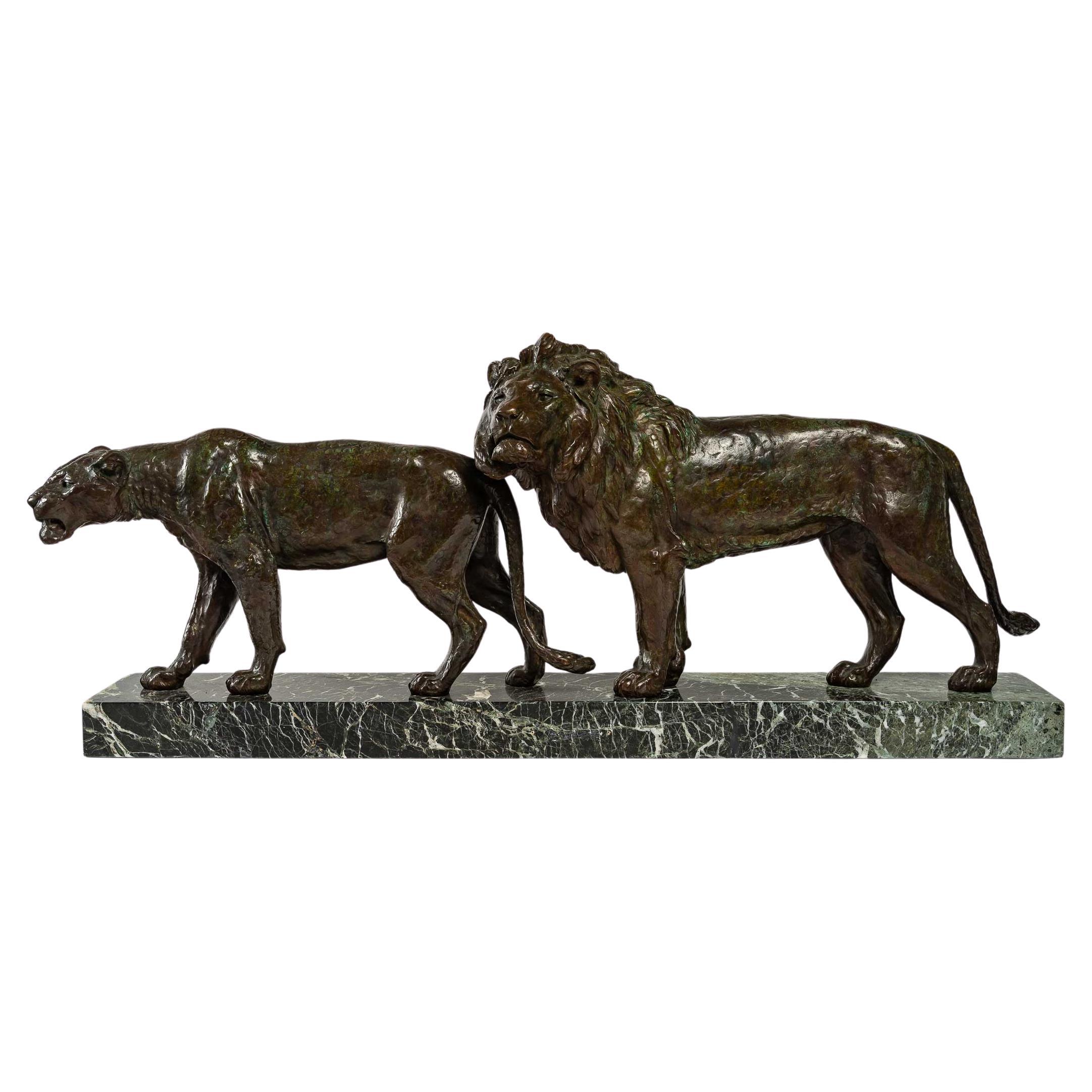 Bronze Sculpture of a Couple "Lion and Lioness", Louis Riché