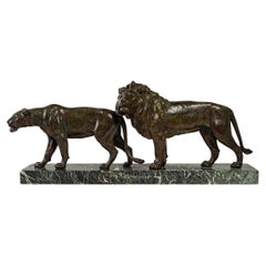 Sculpture en bronze d'un couple "Lion et Lionne", Louis Riché