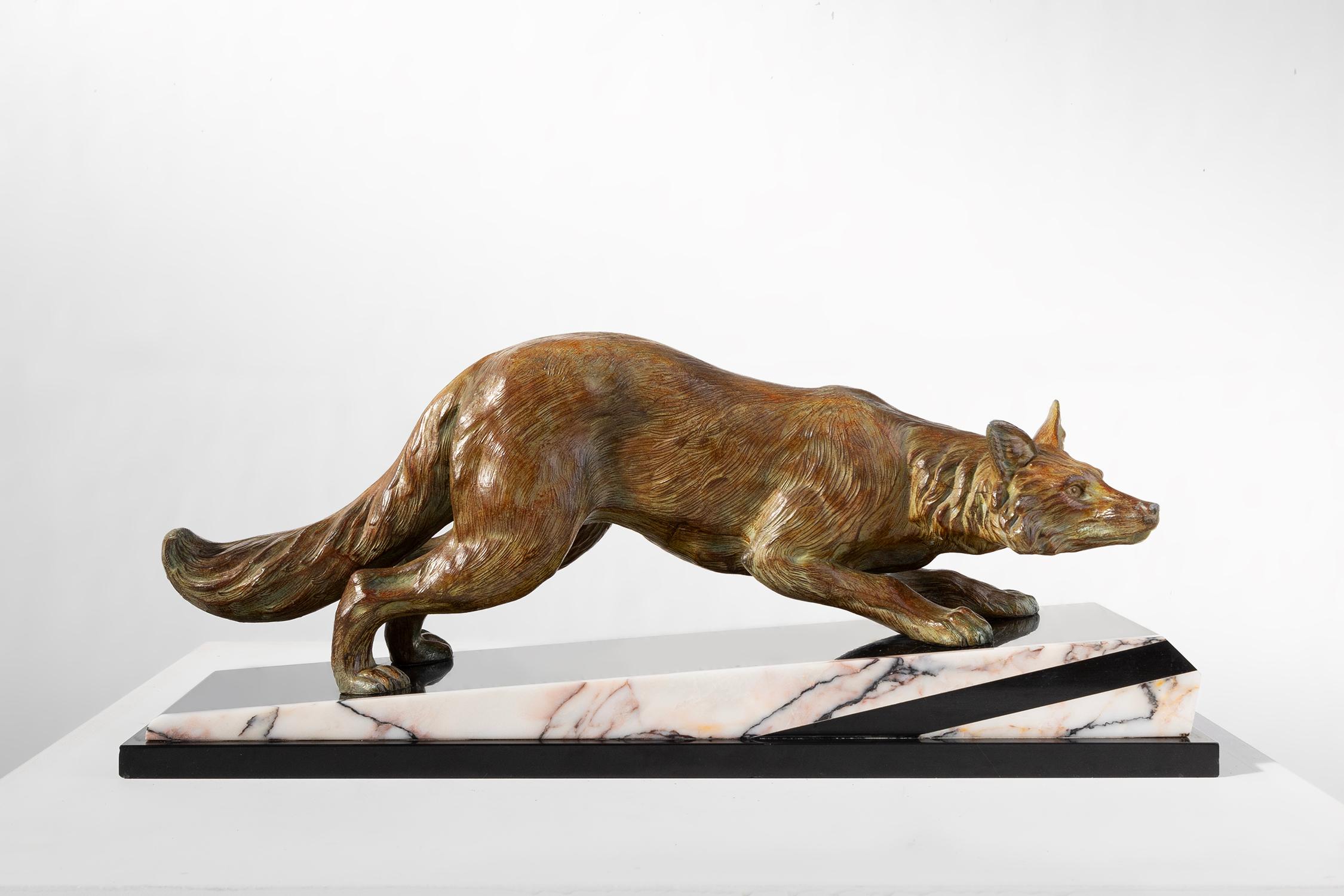 Art Deco Bronze sculpture of a fox on marble by F.H. Danvin, France 1973 For Sale