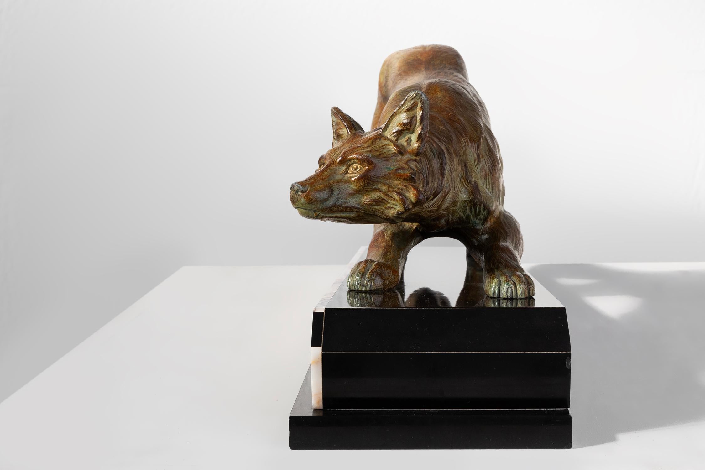 French Bronze sculpture of a fox on marble by F.H. Danvin, France 1973 For Sale