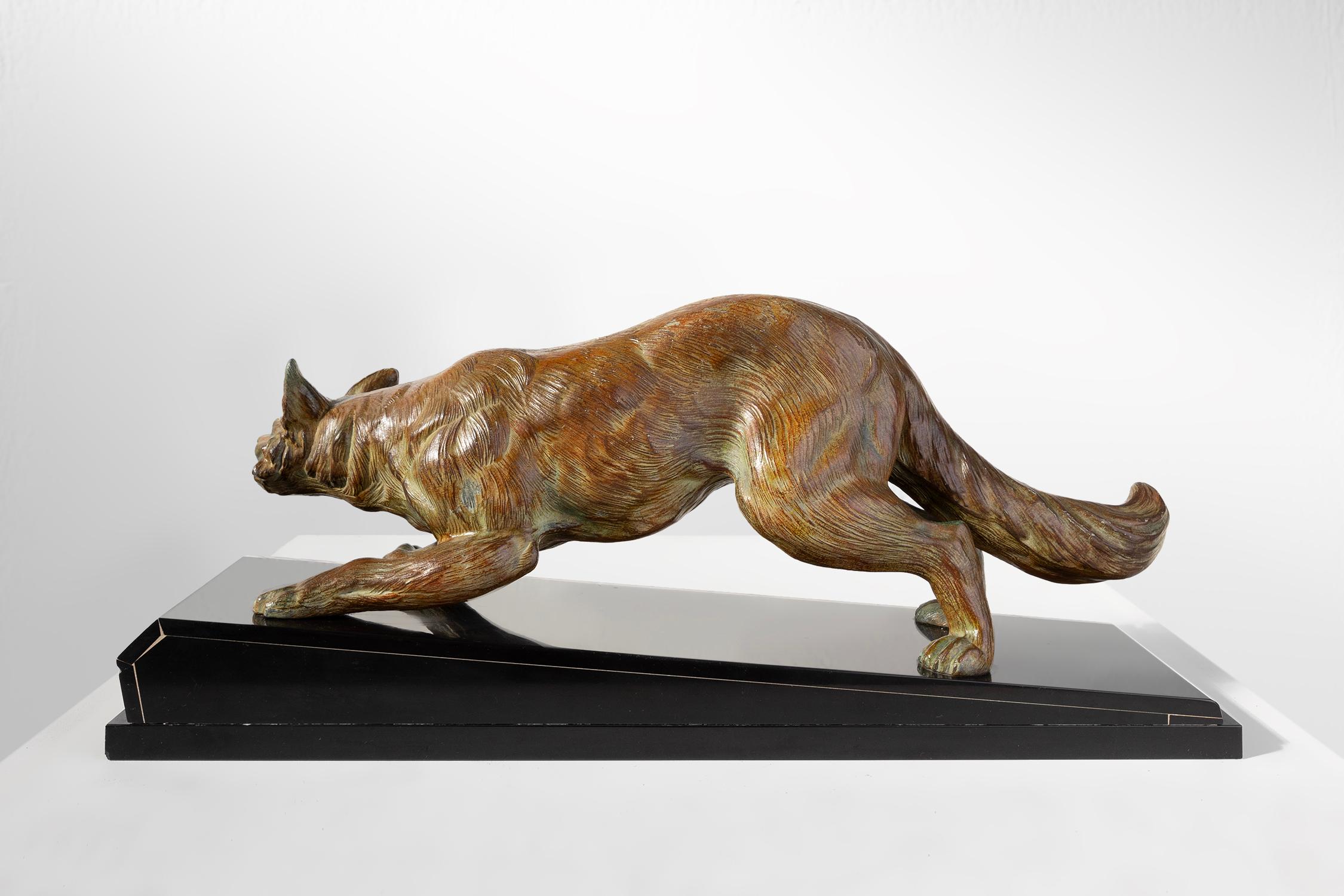 Carved Bronze sculpture of a fox on marble by F.H. Danvin, France 1973 For Sale
