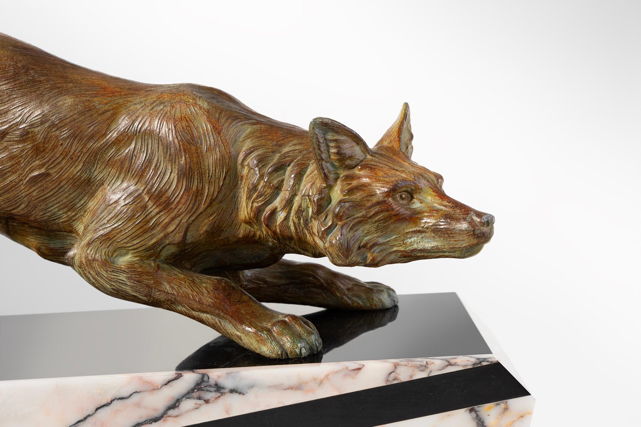 Late 20th Century Bronze sculpture of a fox on marble by F.H. Danvin, France 1973 For Sale
