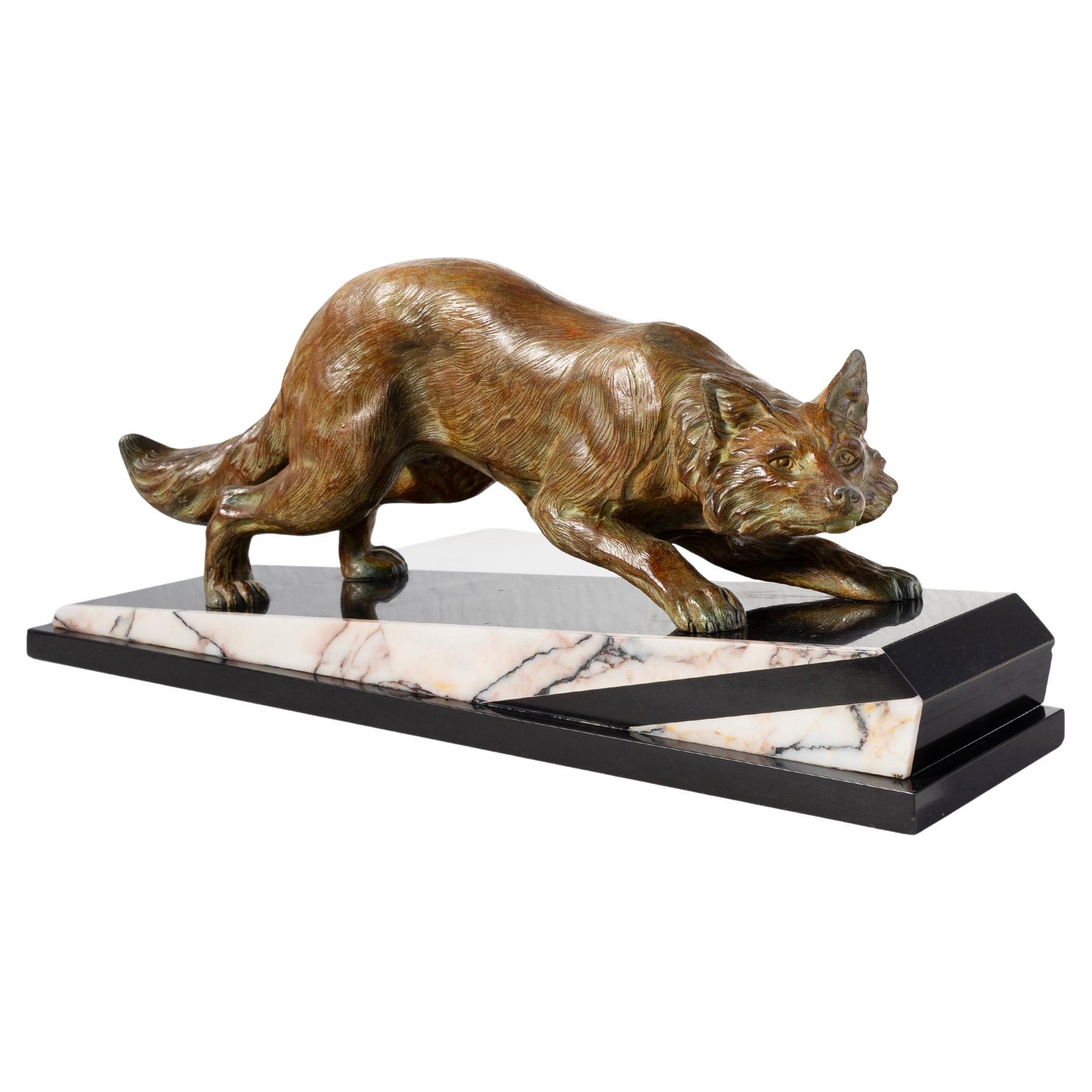 Bronze sculpture of a fox on marble by F.H. Danvin, France 1973 For Sale