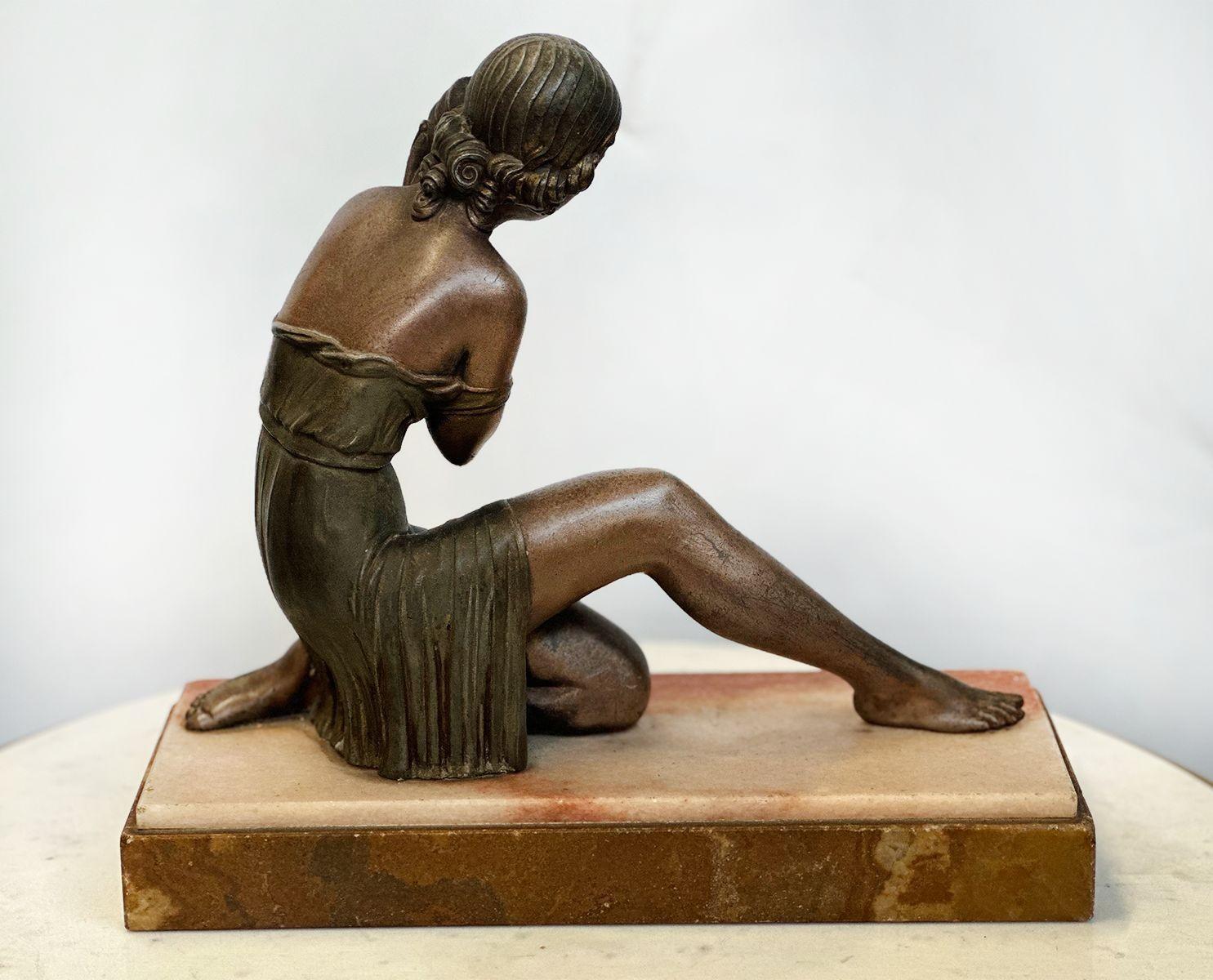 French Bronze Sculpture of a Girl on Marble Base by D.H. Chiparus For Sale