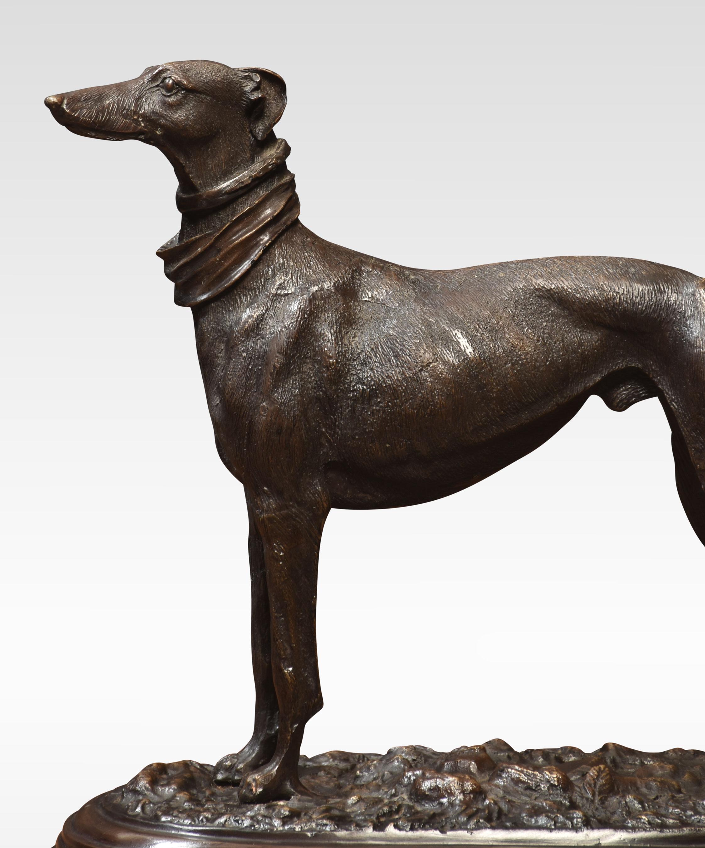 A bronze sculpture of a Greyhound raised up on a marble steped base.
Dimensions
Height 11.5 Inches
Length 12.5 Inches
width 7.5 Inches