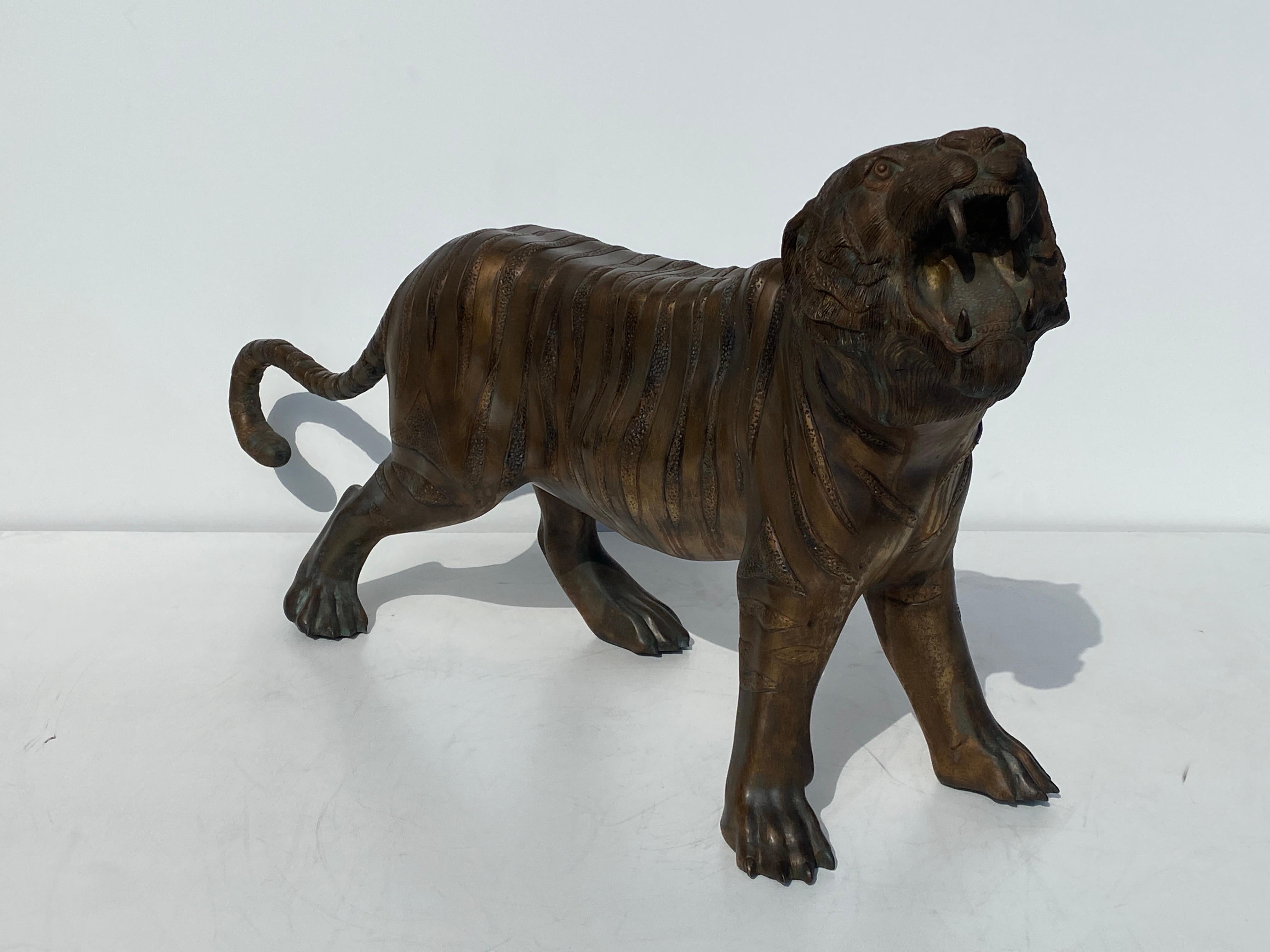 Hollywood Regency Bronze Sculpture of a Roaring Tiger For Sale