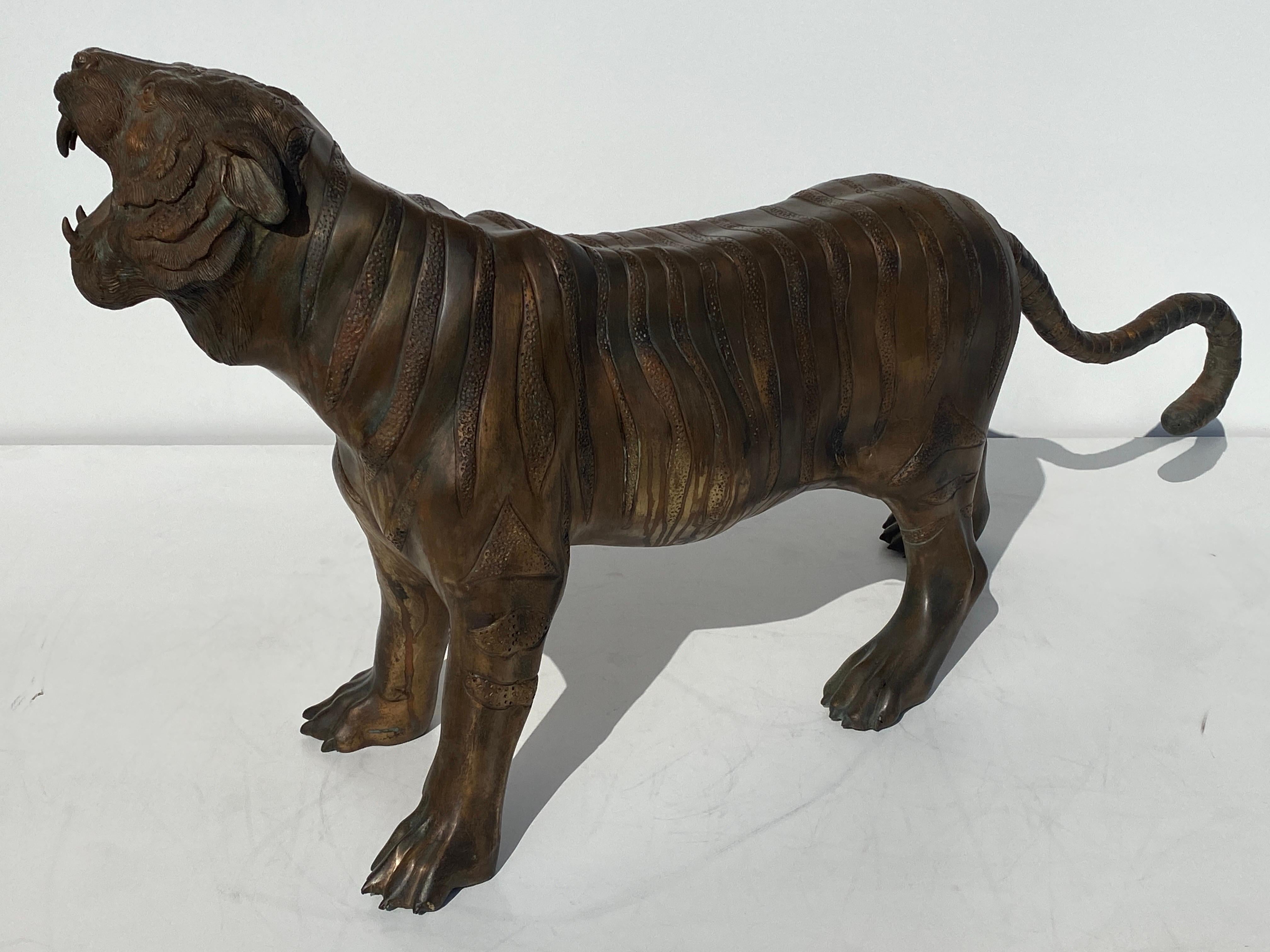 Brass Bronze Sculpture of a Roaring Tiger