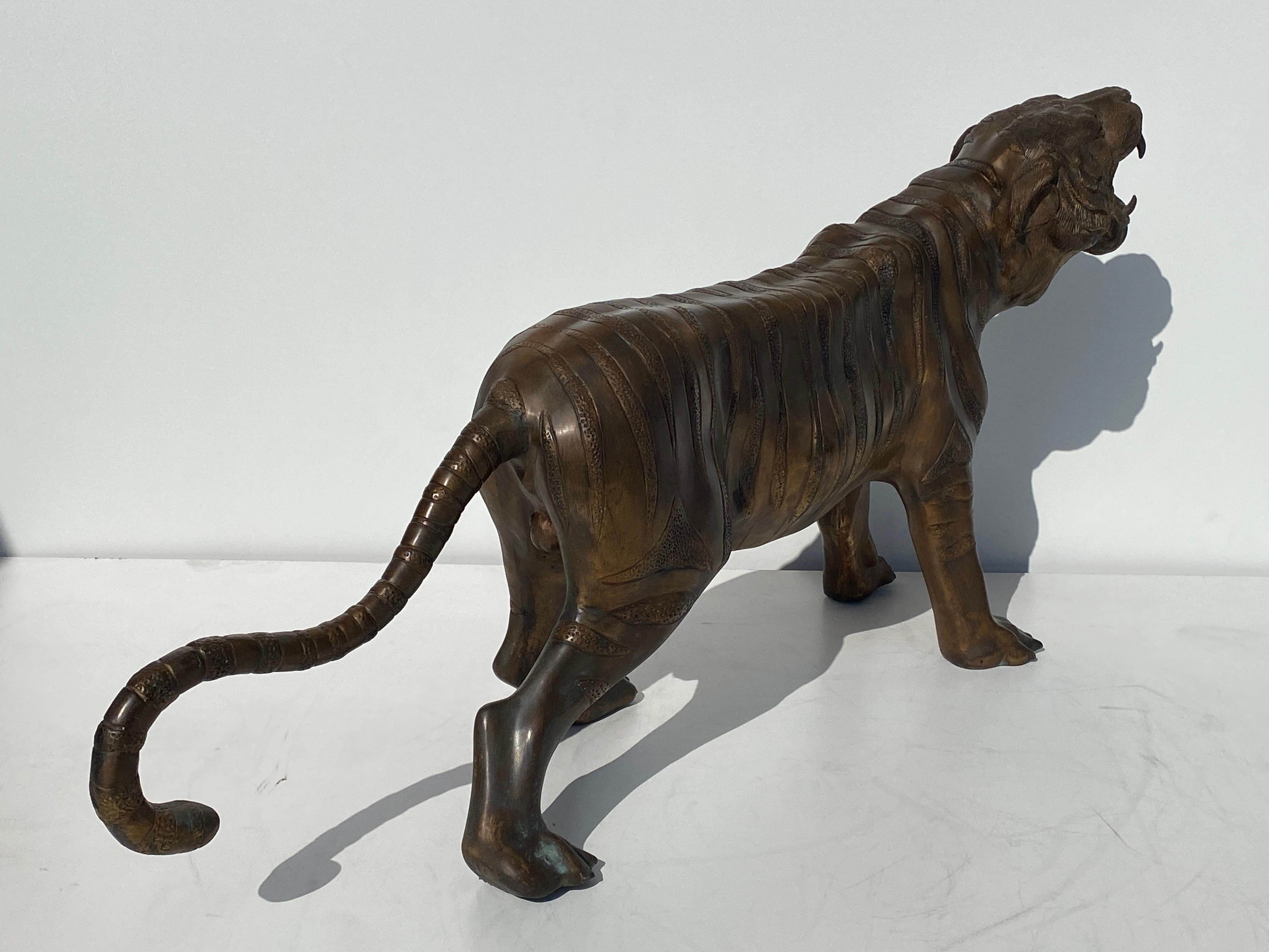 Bronze Sculpture of a Roaring Tiger For Sale 3