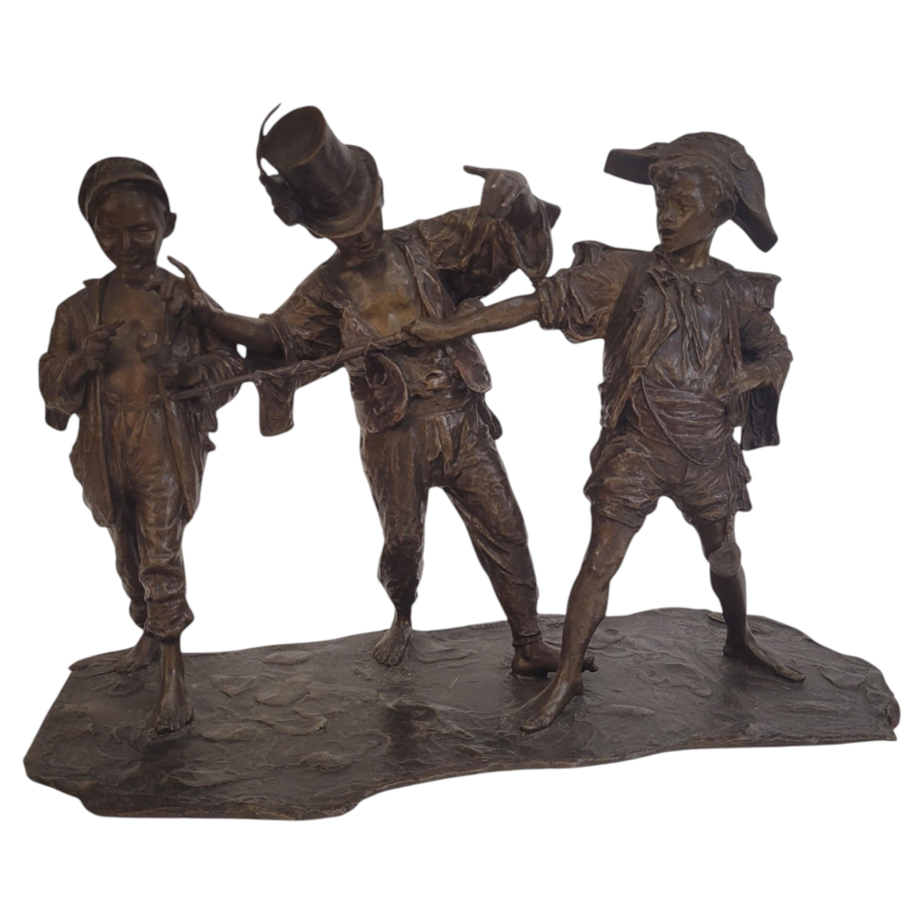 Bronze sculpture of a group of children playing by Francesco de Matteis For Sale
