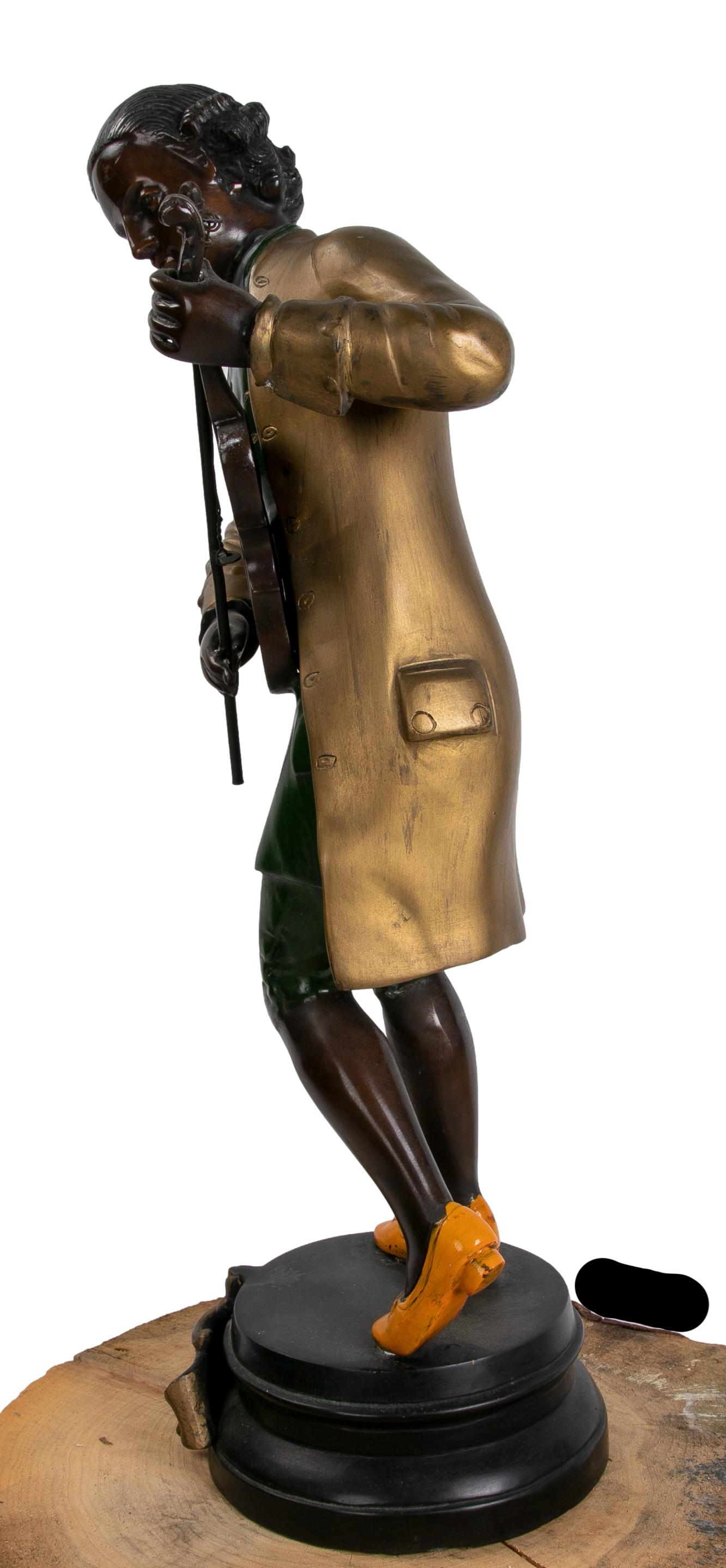 European Bronze Sculpture of a Hand-Painted Musician Character