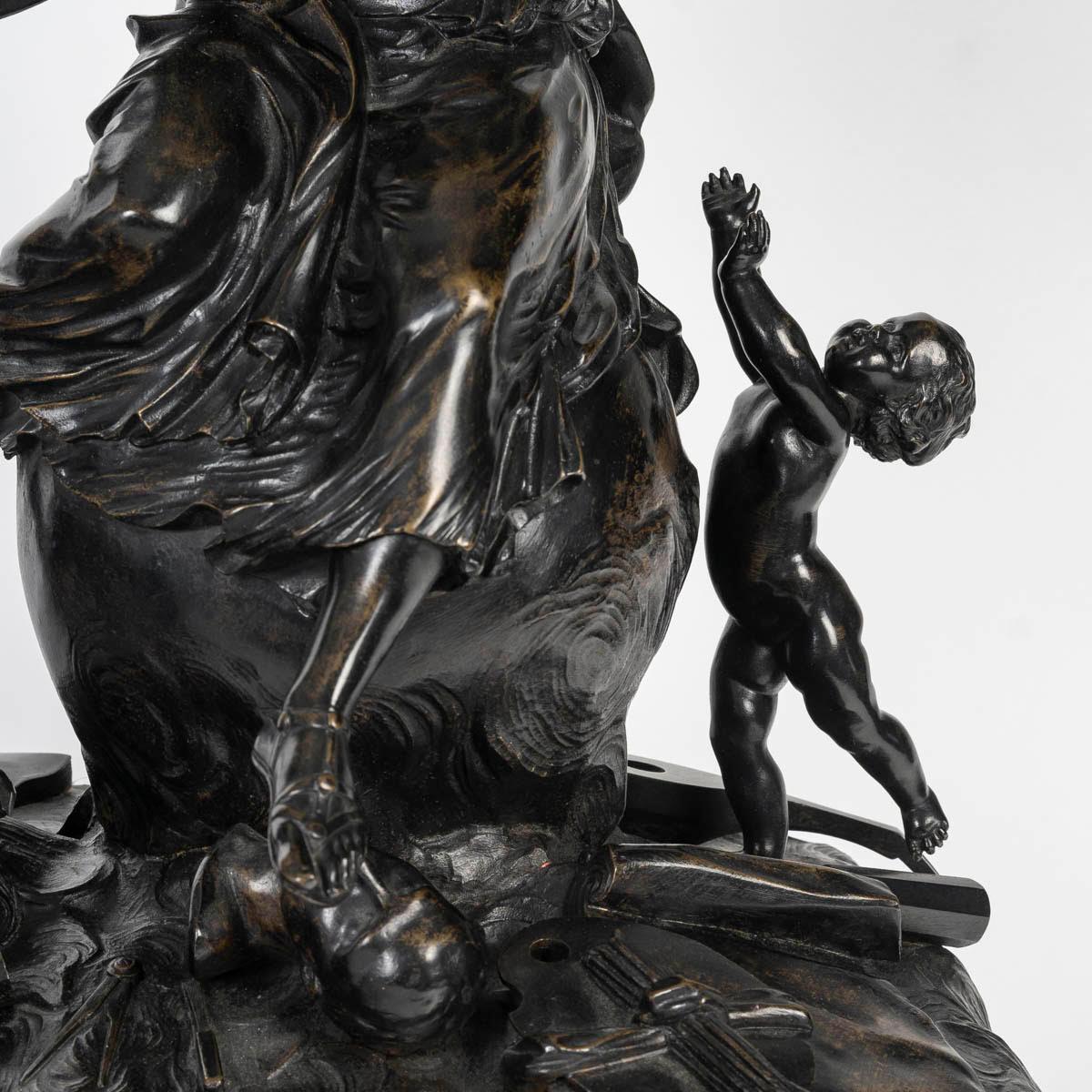 French Bronze Sculpture of a Helmeted Woman Surrounded by Cherubs, Napoleon III Period. For Sale
