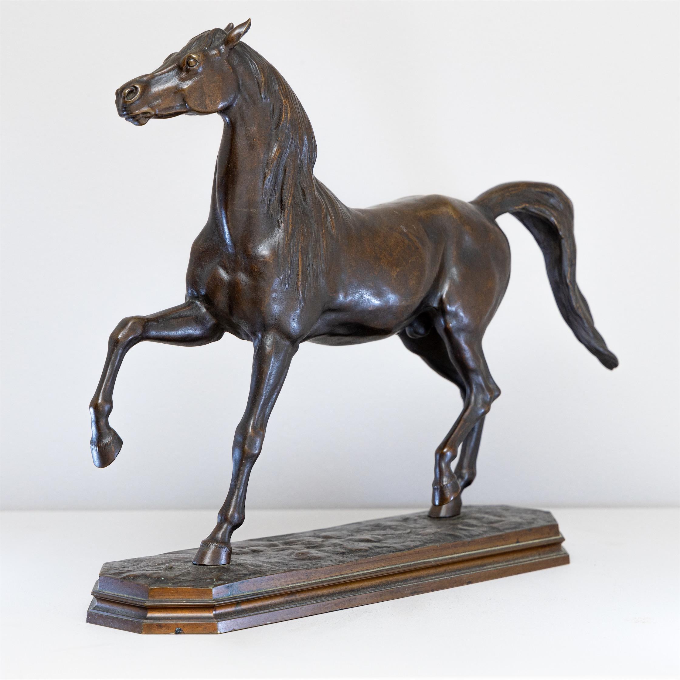 Naturalistic bronze sculpture of a horse galloping, with brown patina on an octagonal base.