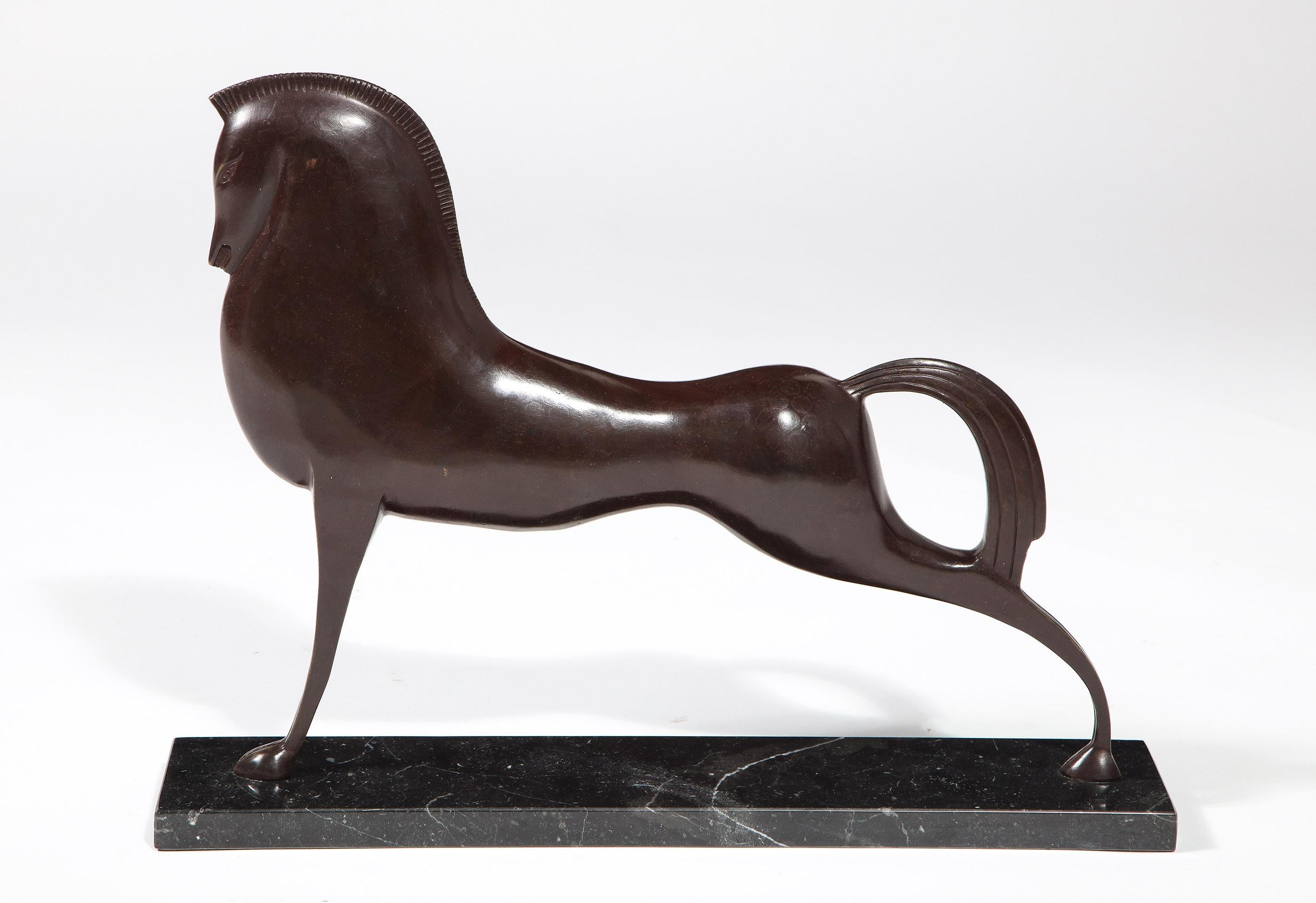 The ancient Greek stylized horse mounted on a marble base.