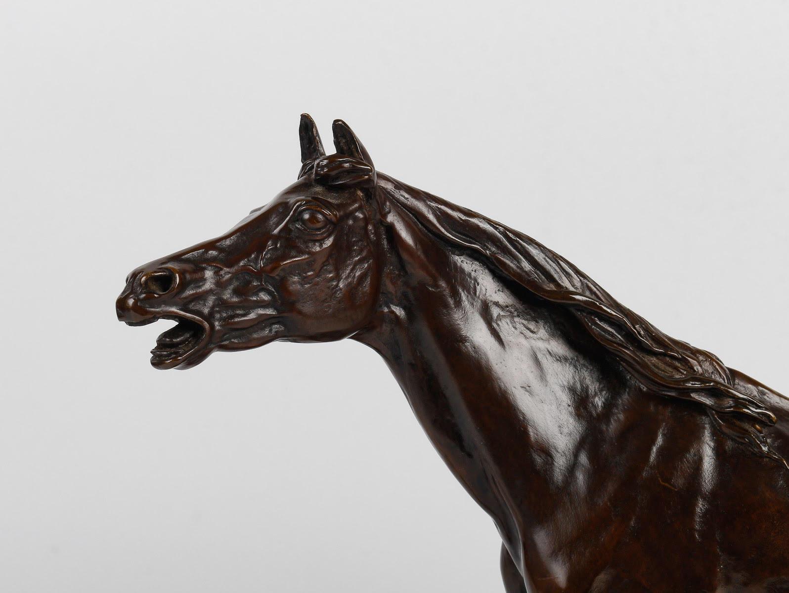 Bronze sculpture of a horse in its enclosure, 20th century.

Bronze sculpture of a horse in its enclosure, brown patina, 20th century, signed Djinn Etalon Barbe.    
h: 29cm , w: 37cm, d: 14cm