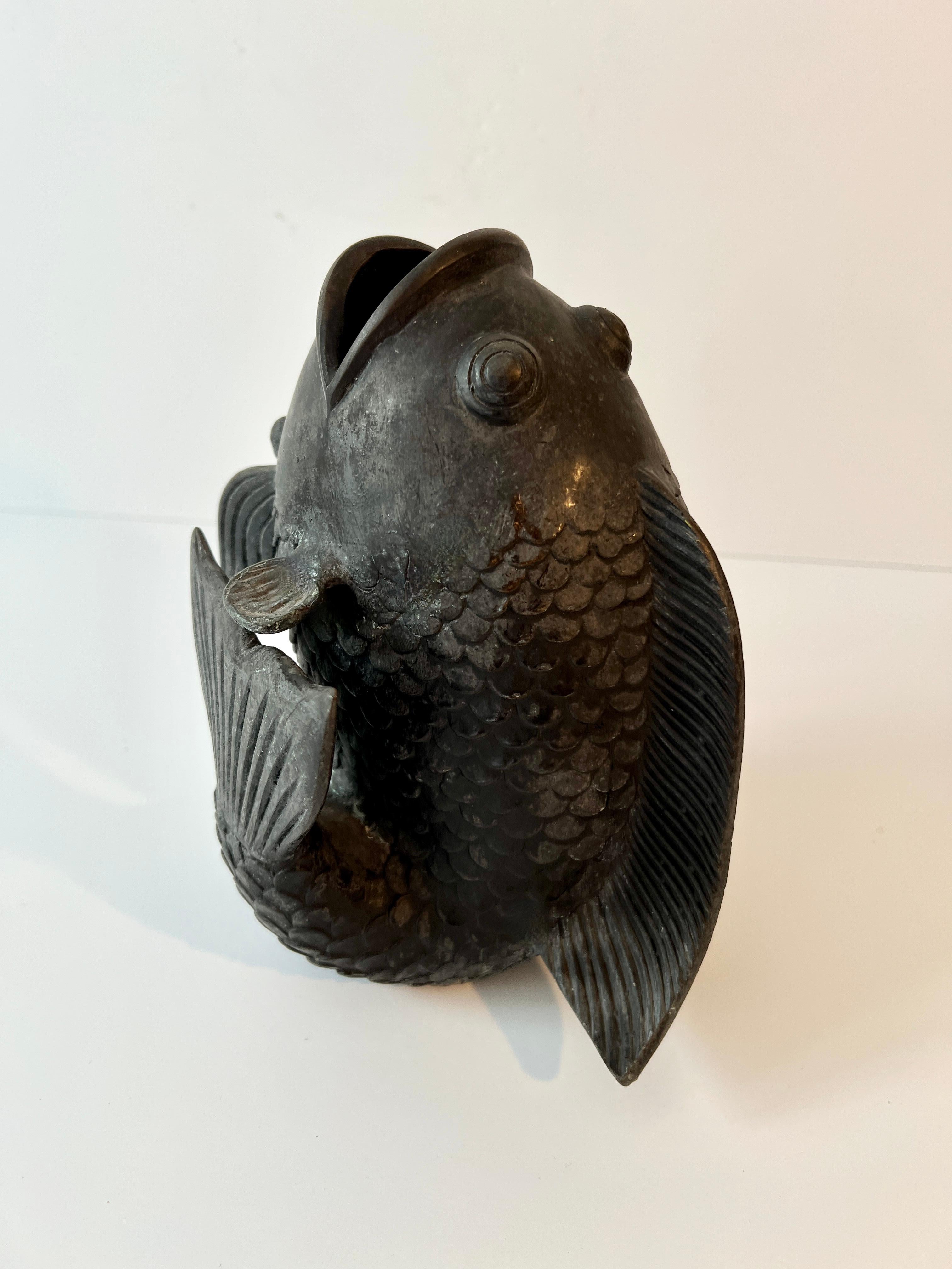 Patinated Bronze Sculpture of a Koi Fish Sculpture Vase For Sale
