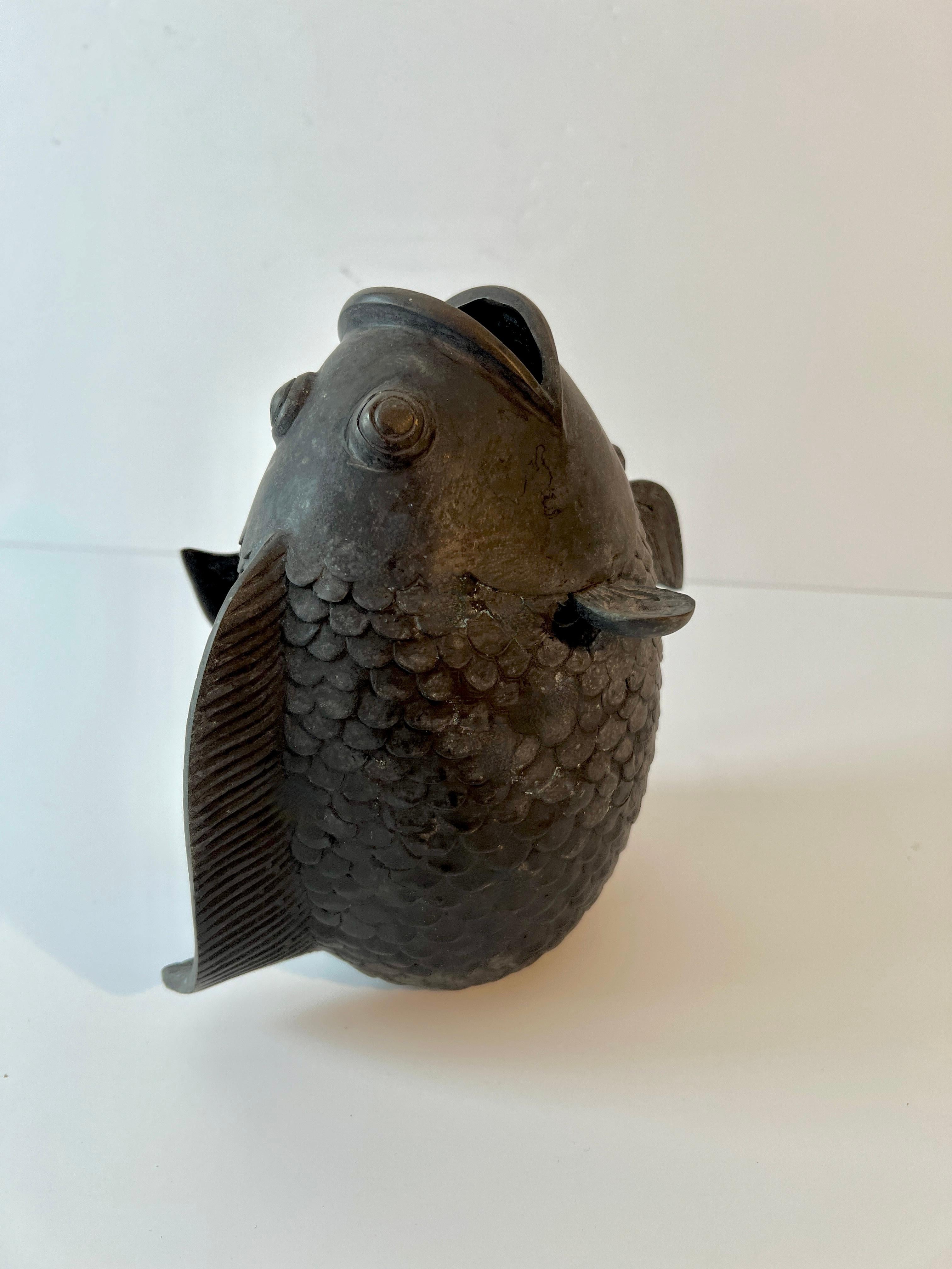 Bronze Sculpture of a Koi Fish Sculpture Vase In Good Condition For Sale In Los Angeles, CA
