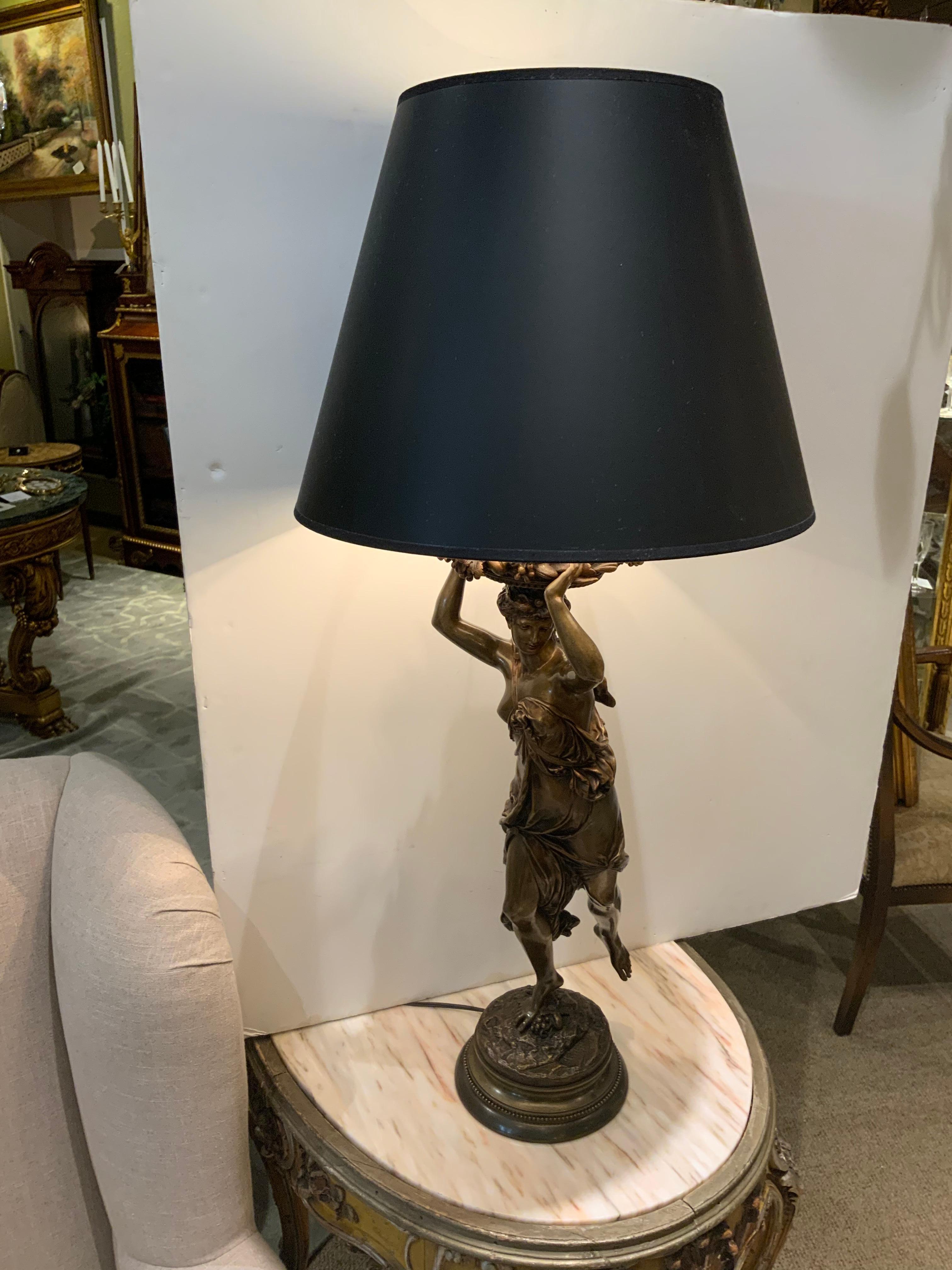 French Bronze Sculpture of a Lady 19th C., Mounted as a Lamp Signed A. Carrier