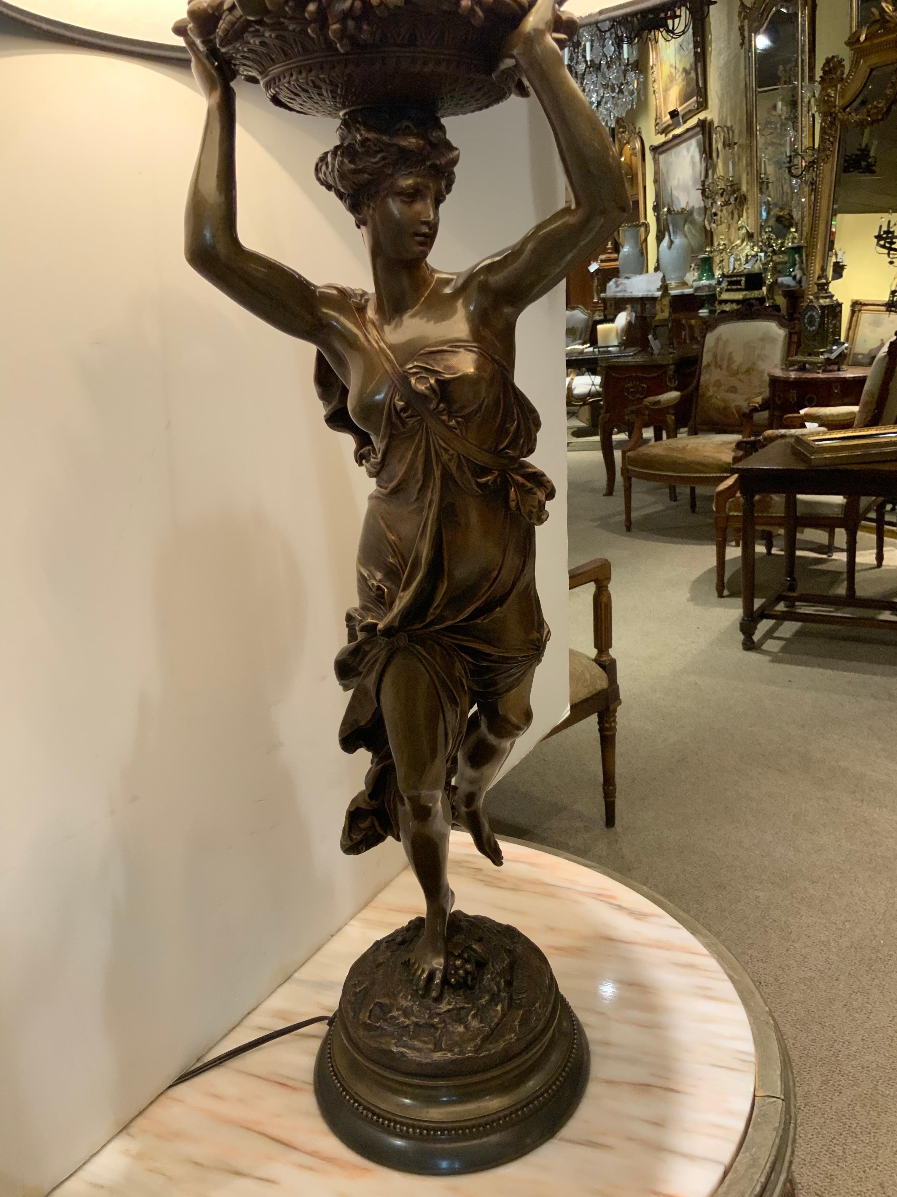 Bronze Sculpture of a Lady 19th C., Mounted as a Lamp Signed A. Carrier 2