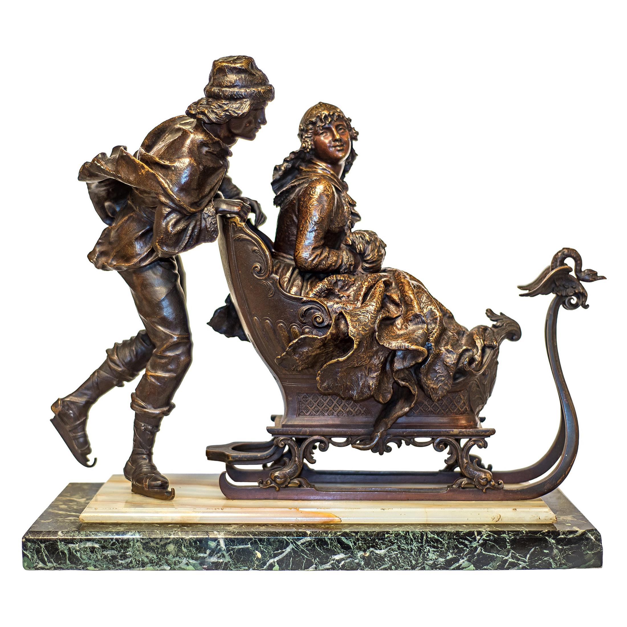 Bronze Sculpture of a Man Pushing the Woman’s Sled by Charles Ferville-Suan