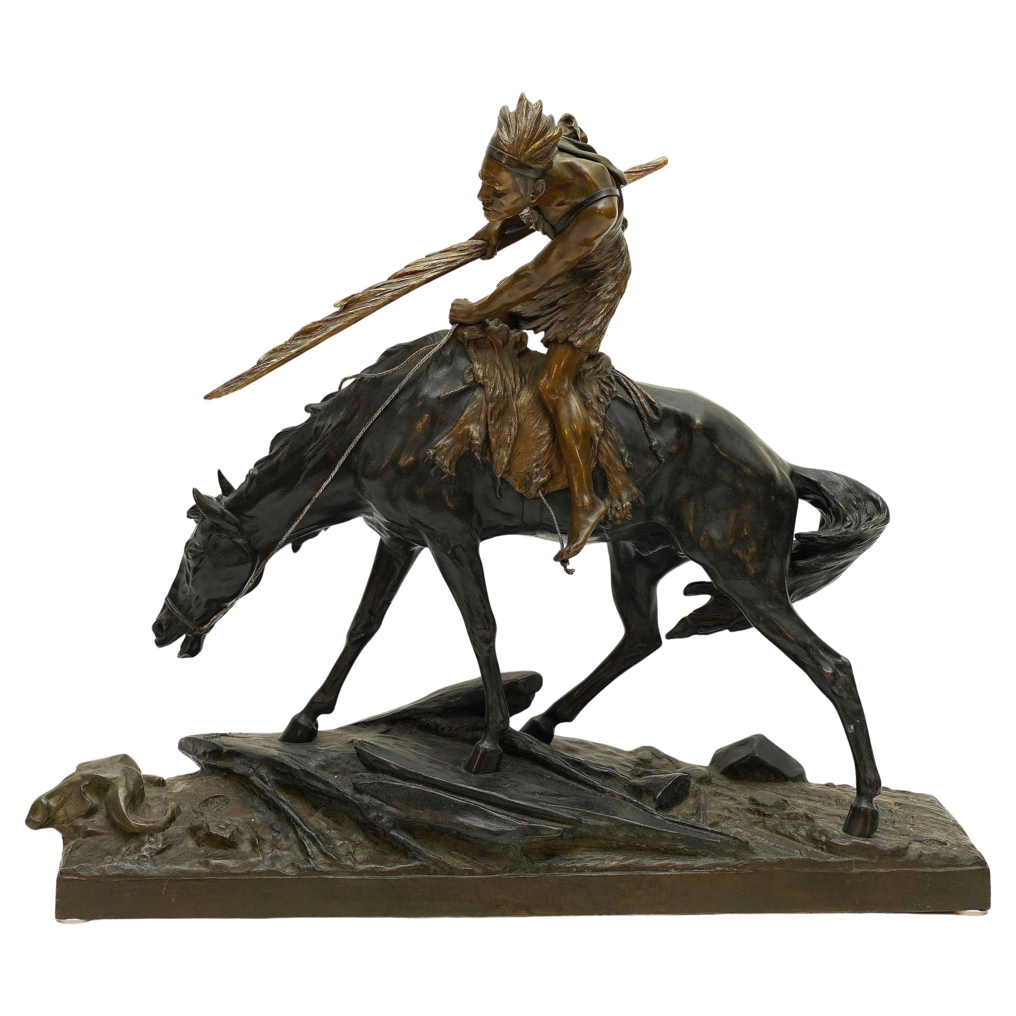 Bronze Sculpture of a Native American Warrior on Horseback by Èdouard Drouot For Sale