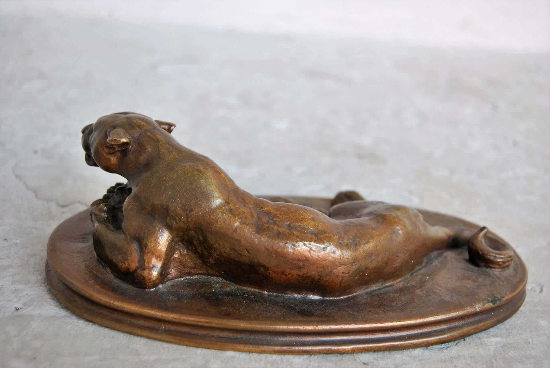 Bronze sculpture of a panther by French sculptor Barye
circa 19th century. 
Dimensions: Width 21.5 cm, depth 12 cm and height 7 cm 
This piece comes from Sothebys sales on 5 nov 2014 in Paris N 391.
 