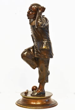 Bronze Sculpture of a Posing Jester or Harlequin by French Sculptor G. Gueyton