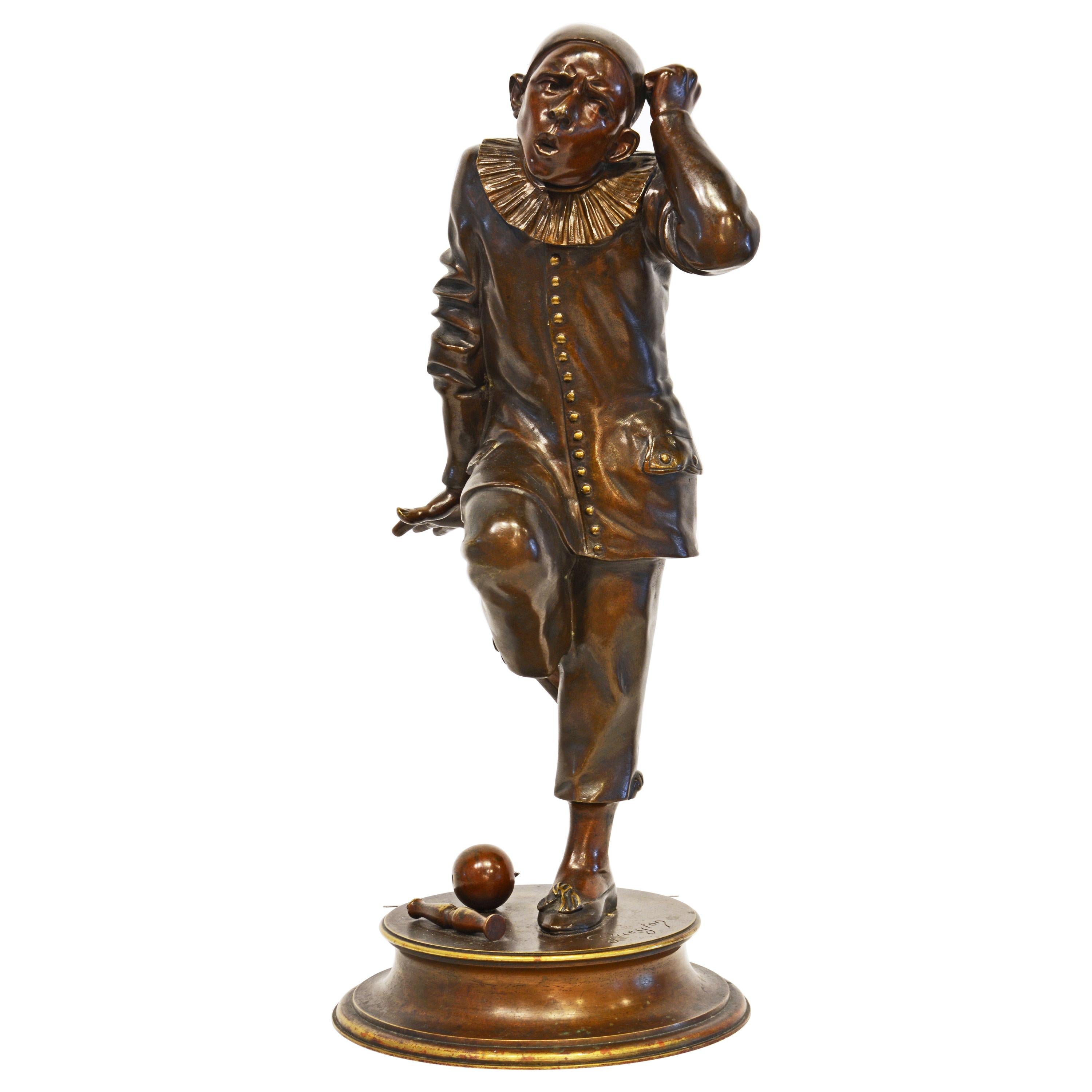 Bronze Sculpture of a Posing Jester or Harlequin by French Sculptor G. Gueyton