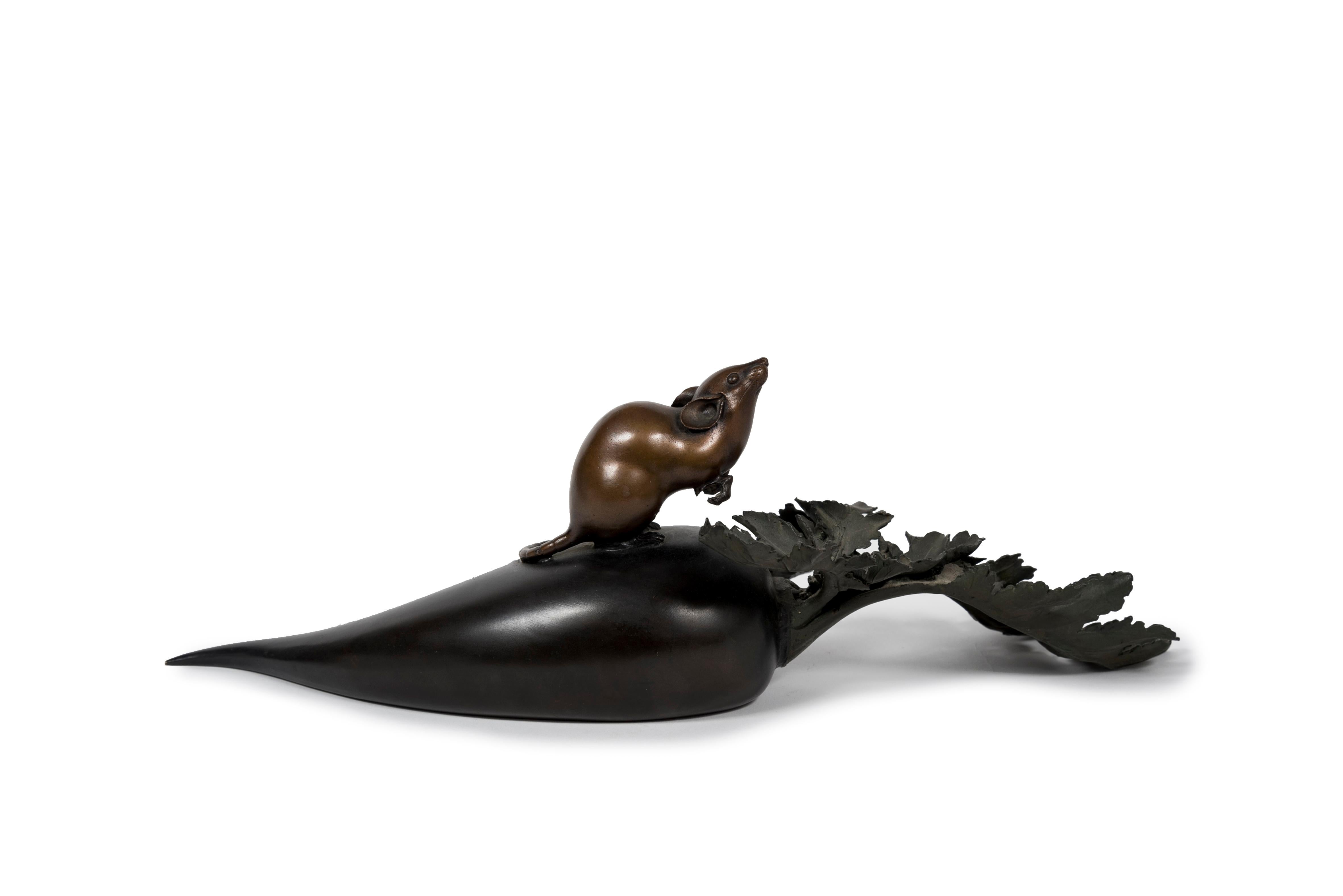 Meiji Bronze sculpture of a rat standing on a radish (Okimono) For Sale