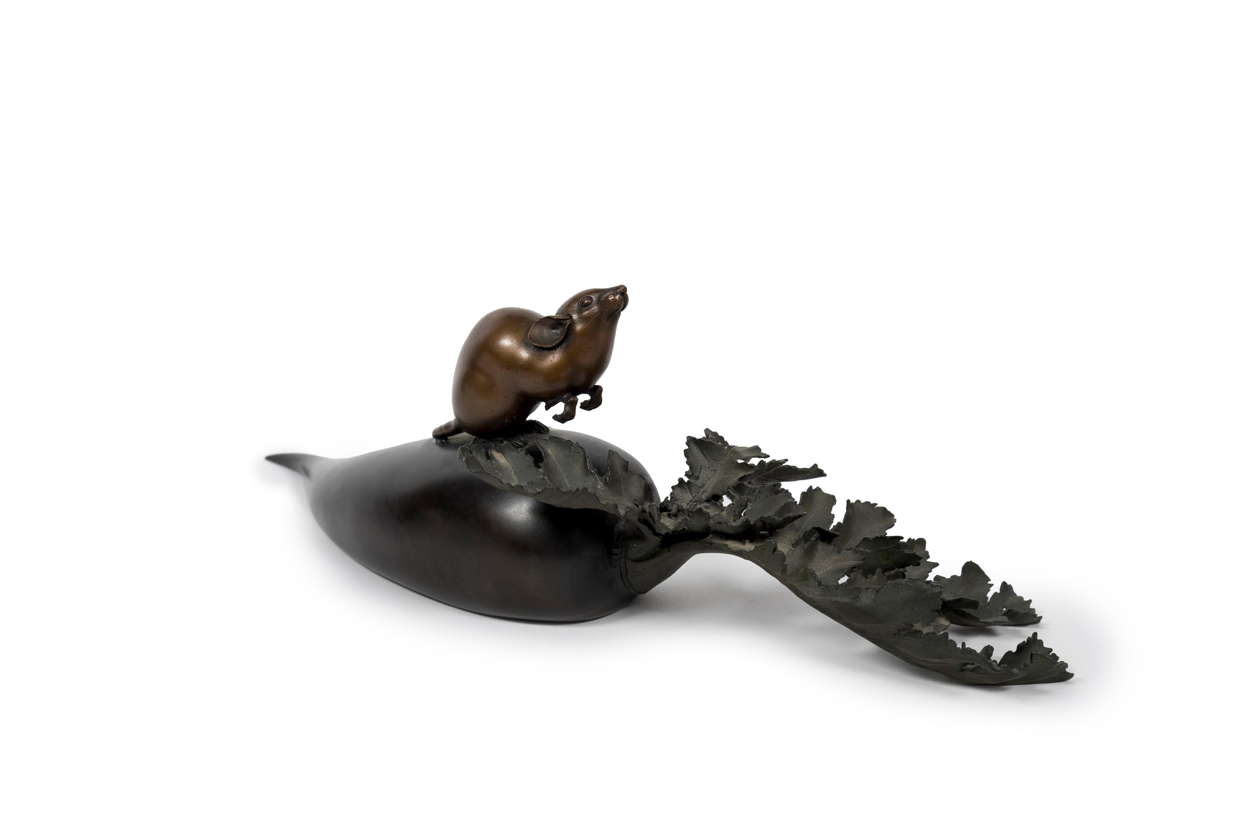 Japanese Bronze sculpture of a rat standing on a radish (Okimono) For Sale