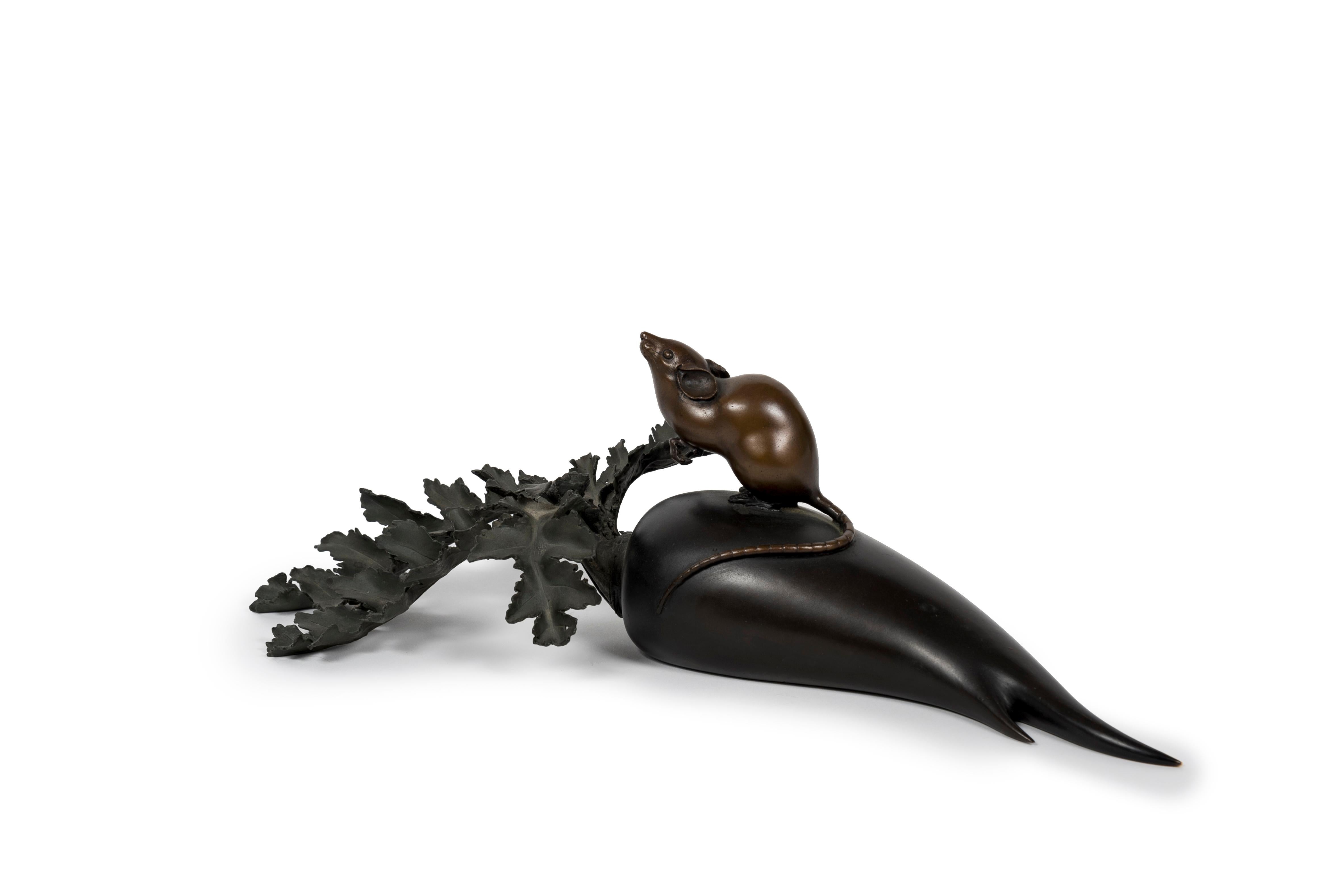 19th Century Bronze sculpture of a rat standing on a radish (Okimono) For Sale