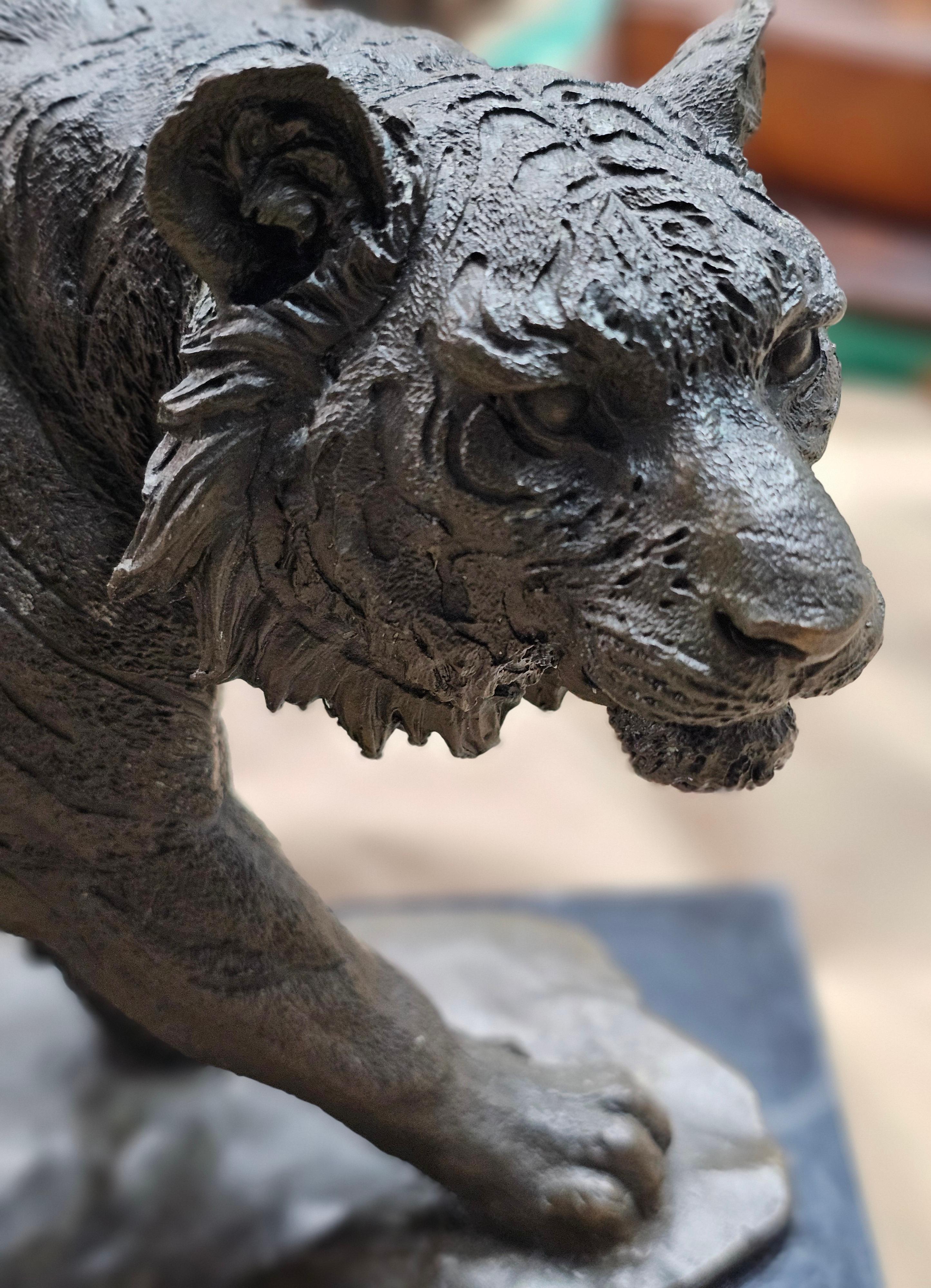 Scultura in bronzo di una tigre in caccia con patina marrone su un basamento in marmo screziato in vendita 2