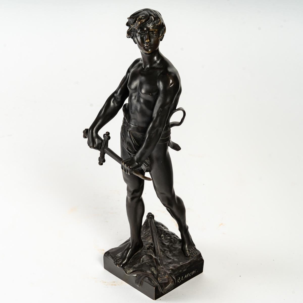 19th Century Bronze sculpture of a Warrior with his Sword by François-Raoul Larche