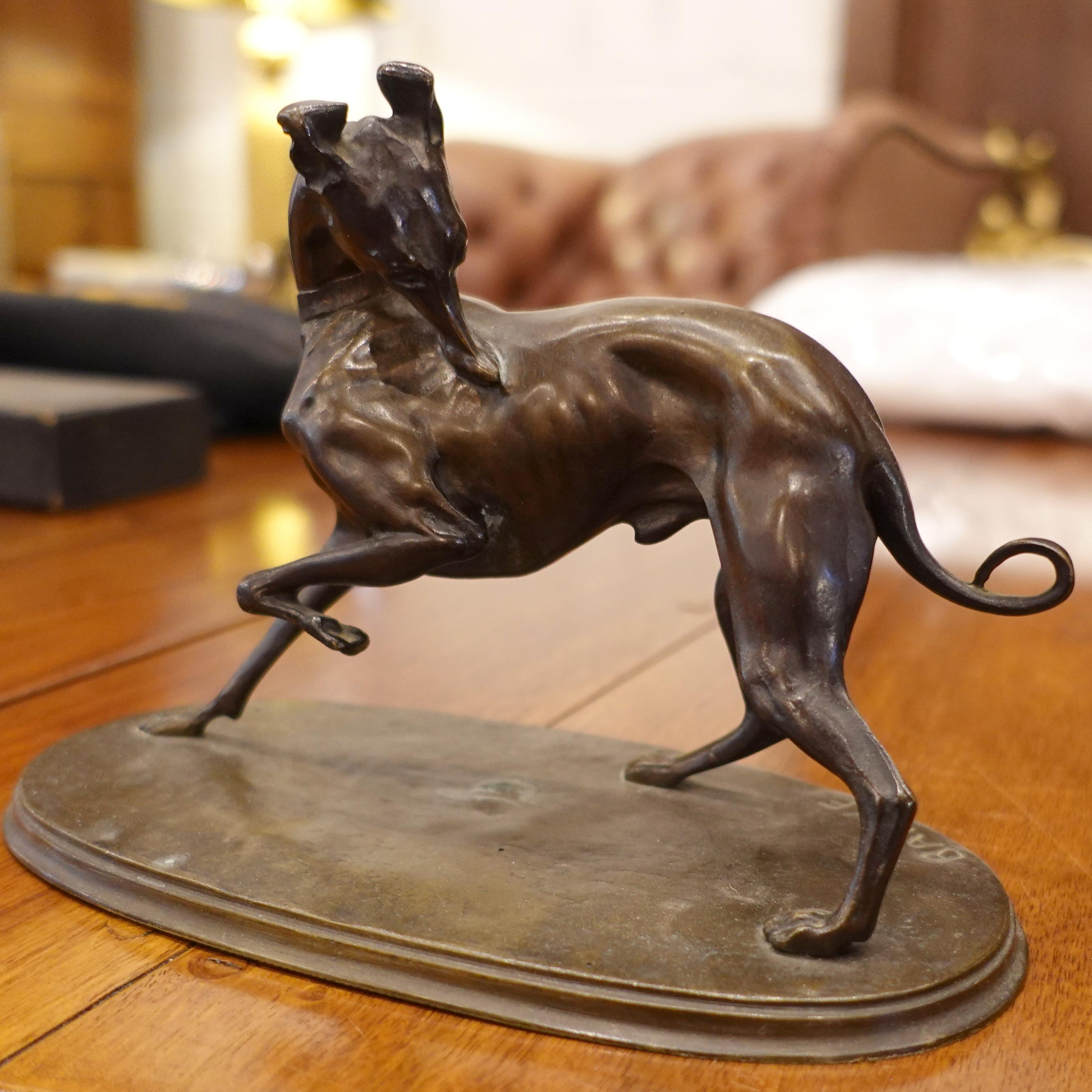 Bronze Sculpture of a Whippet Dog by Antoine-Louis Barye

After Antoine-Louis Barye
France; ca. 1880
Bronze

Approximate size: 5.25”H x 7.25”W x 4”D

The 19th-century French sculptor Antoine-Louis Barye, renowned for his prolific output of bronze