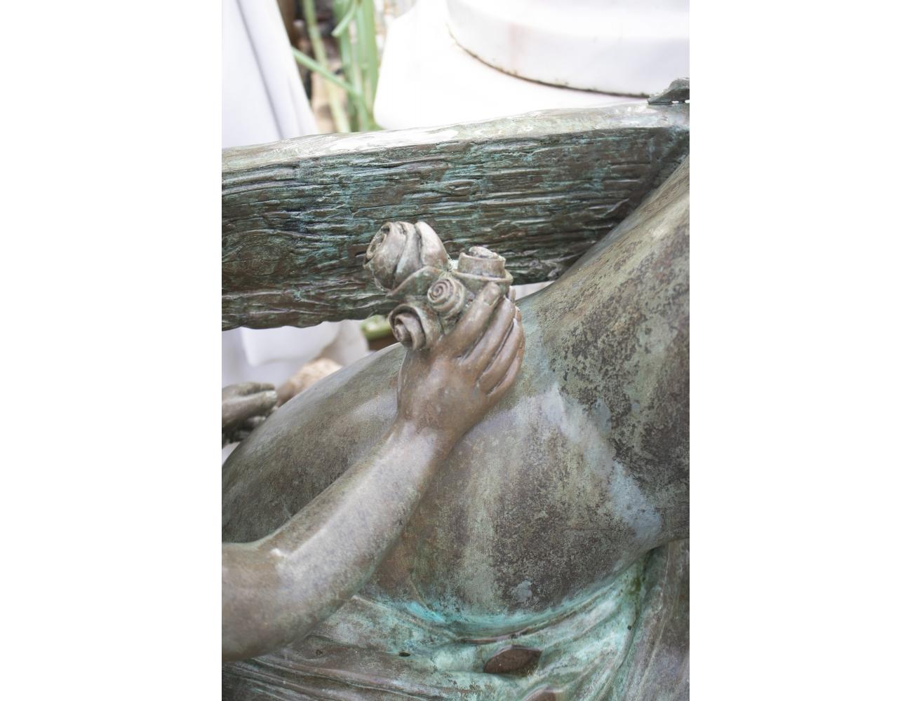 20th Century Bronze Sculpture of a Woman Seated on a Bench with Winged Angels