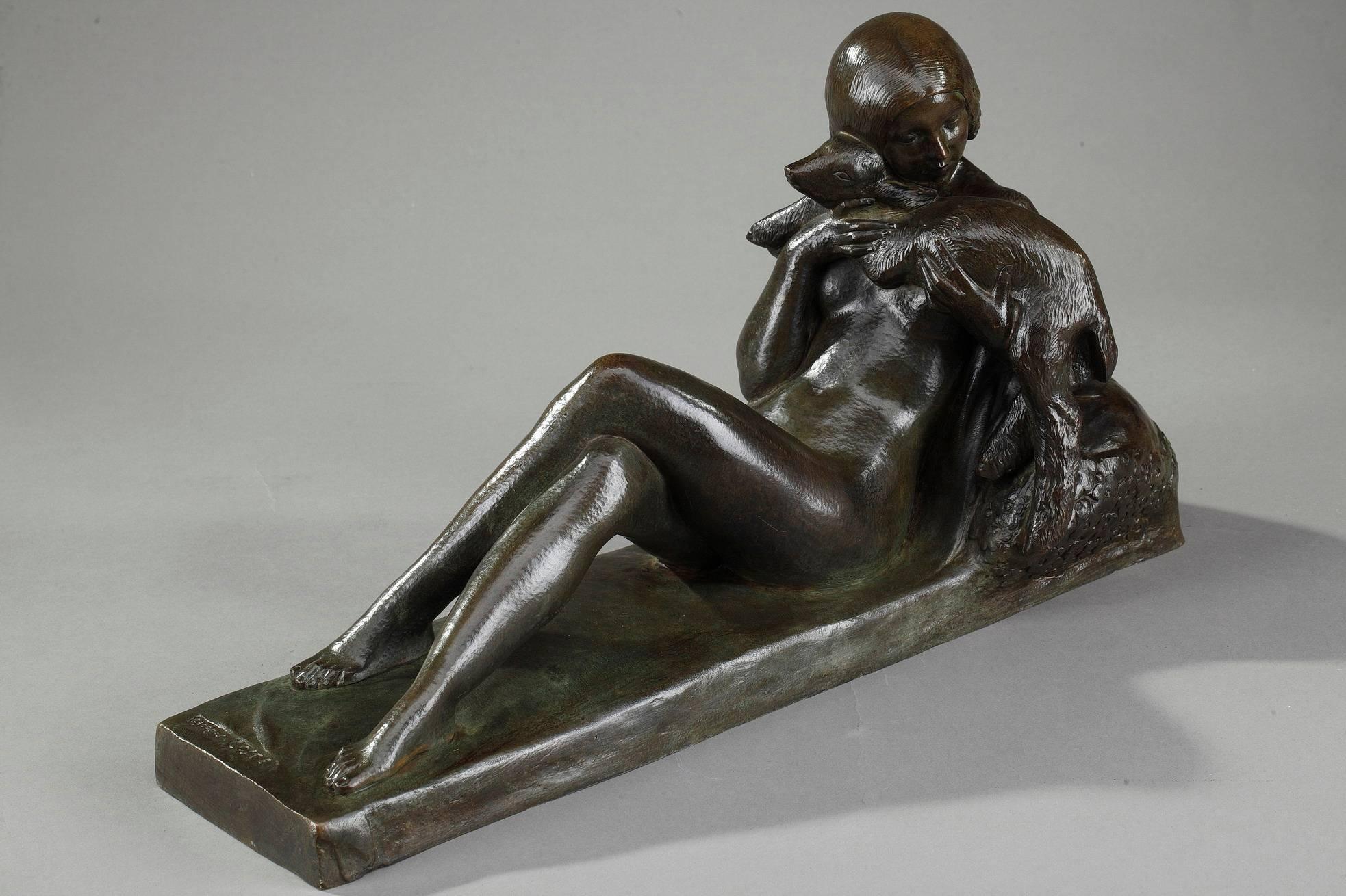 Art Deco Bronze Sculpture of a Woman with Lamb by Georges Coste