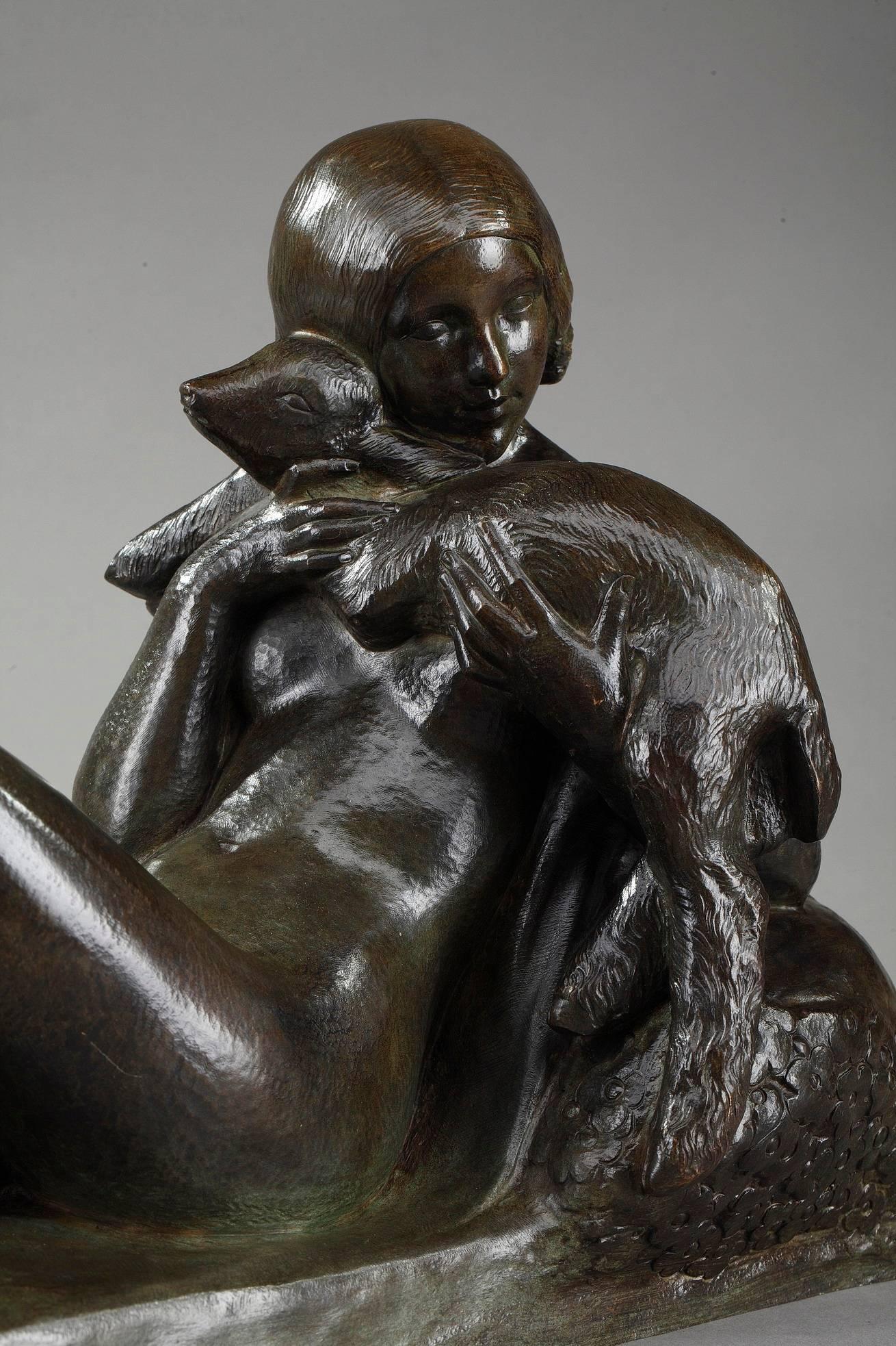 French Bronze Sculpture of a Woman with Lamb by Georges Coste