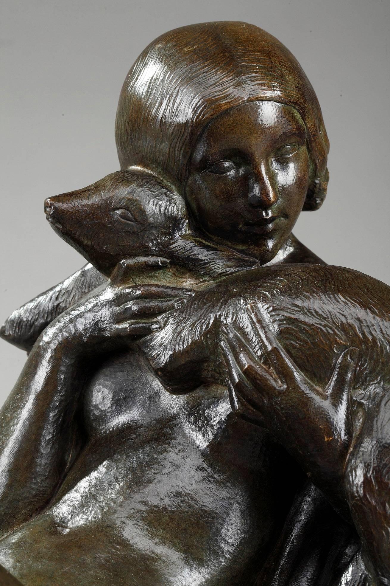 Patinated Bronze Sculpture of a Woman with Lamb by Georges Coste